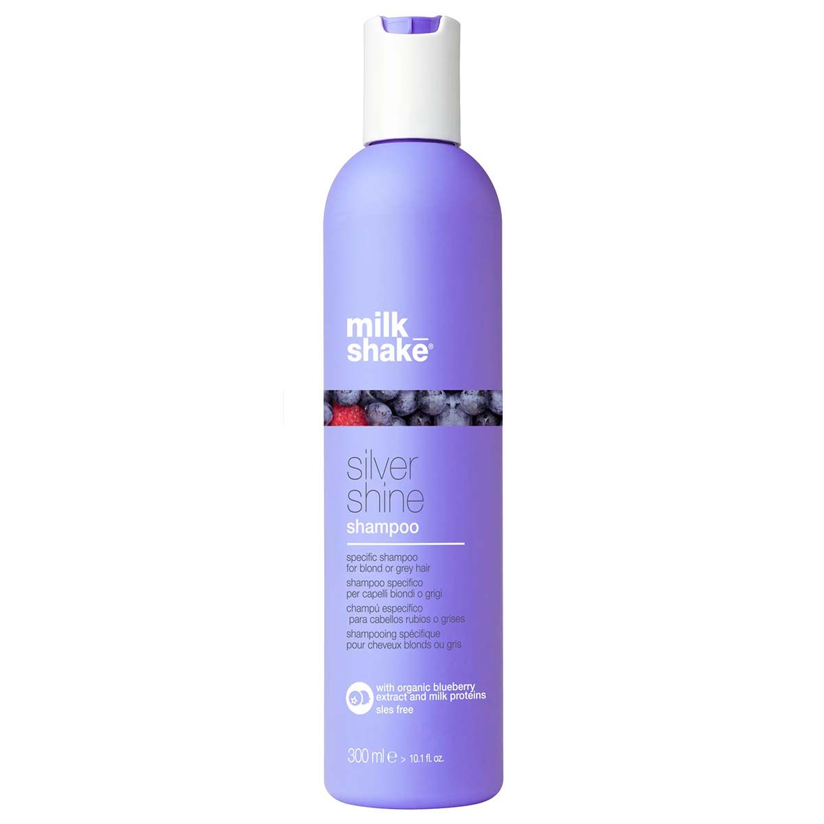 Flacone di shampoo Milk Shake Silver Shine con tappo a scatto bianco. Flacone blu con design a bacche.