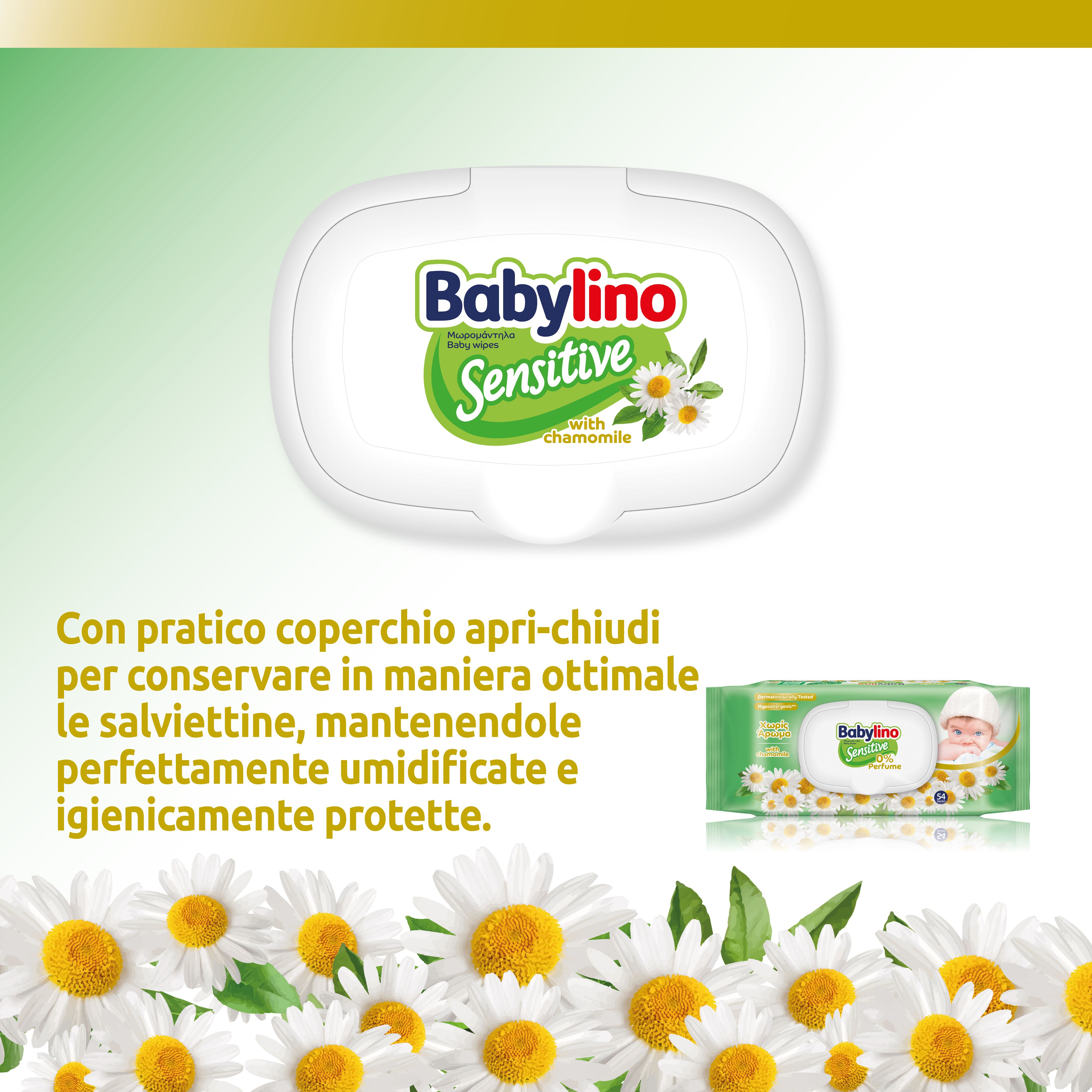 Coperchio bianco con logo Babylino. Pacchetto Babylino con camomilla. Testo: Con coperchio pratico.