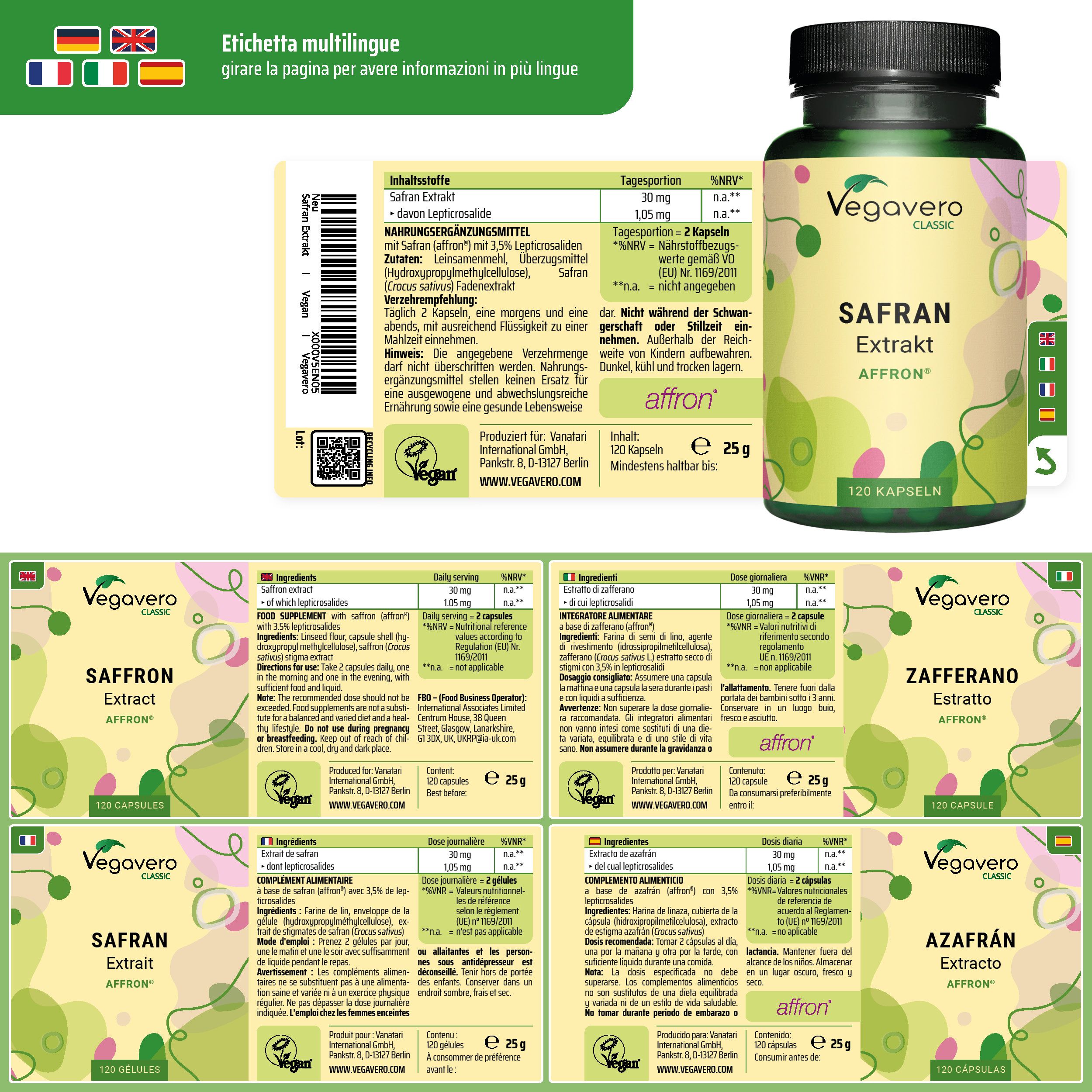 Etichetta multilingue con informazioni in diverse lingue. Flacone di Safran Extrakt, 120 capsule.