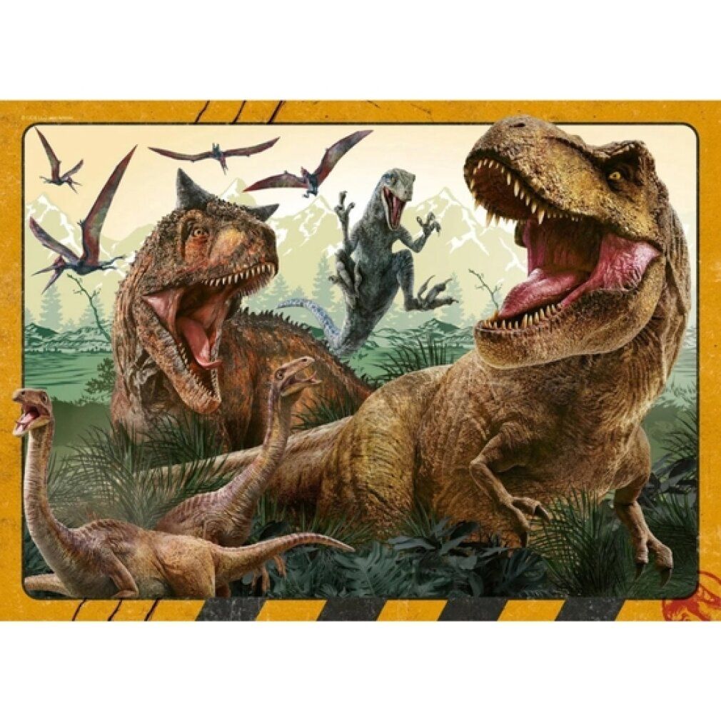 Puzzle con dinosauri. Un T-Rex e altri dinosauri sono raffigurati in una scena con vegetazione.