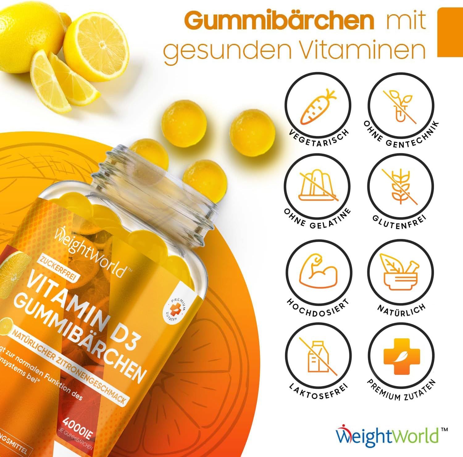 Caramelle gommose alla vitamina D3, 120 pezzi. Scritta: Caramelle gommose alla vitamina D3, senza zucchero. Con limoni e caramelle gommose. Vegetariano, senza glutine.
