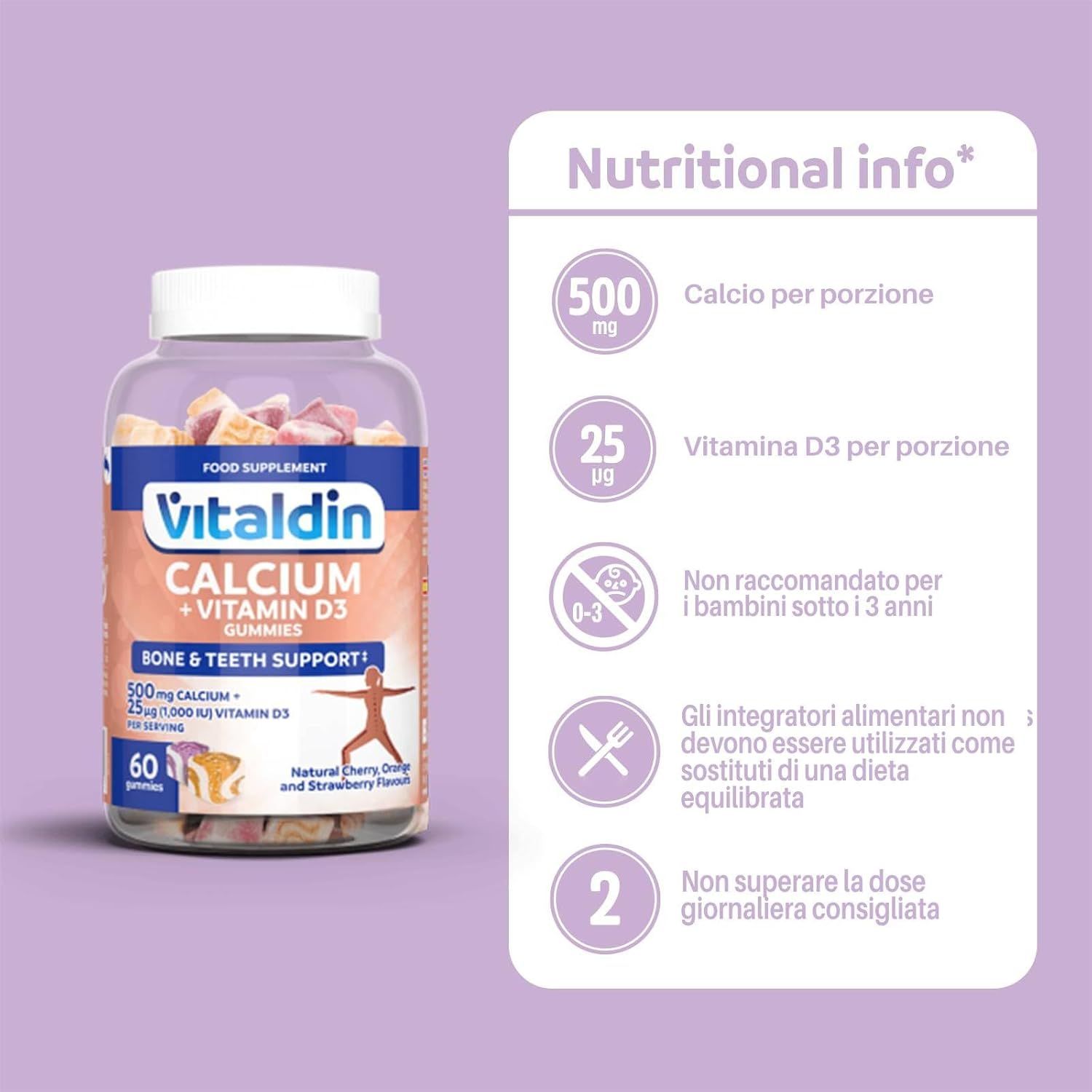 Flacone VITALDIN Calcium + Vitamina D3 Gummies. 60 caramelle gommose. Contiene 500mg calcio e 25µg vitamina D3. Testo: Informazioni nutrizionali. Non per bambini -3 anni.