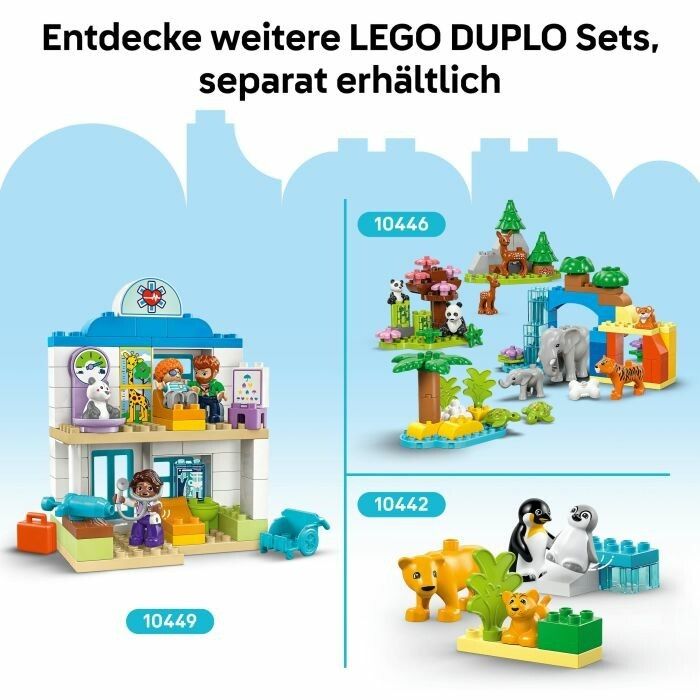 Set LEGO DUPLO. Edificio ospedaliero con personaggi e accessori. Altri set illustrati.