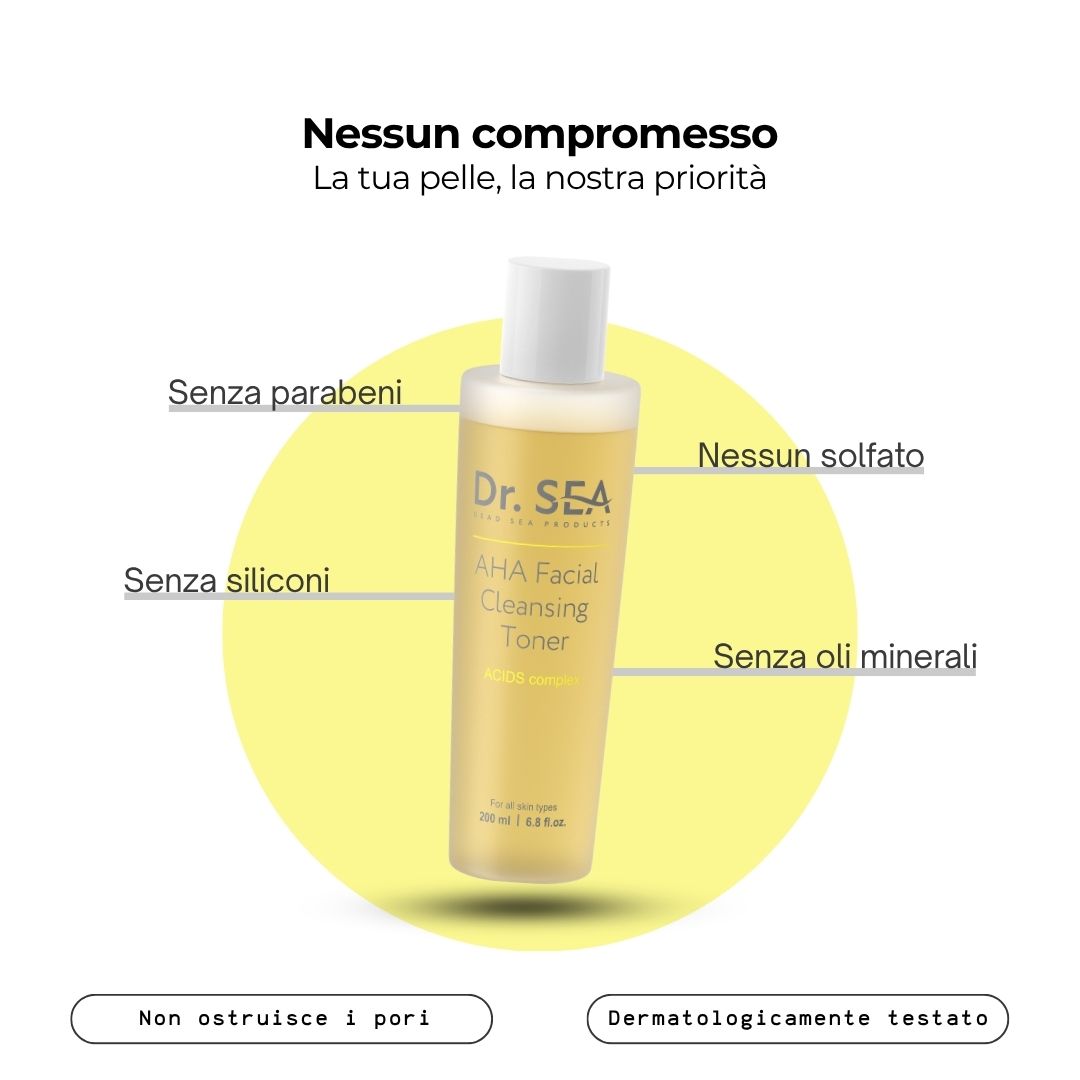 Dr. SEA AHA Facial Cleansing Toner. Bottiglia di liquido giallo. Testo: AHA Facial Cleansing Toner. Senza parabeni, solfati, siliconi, oli minerali.
