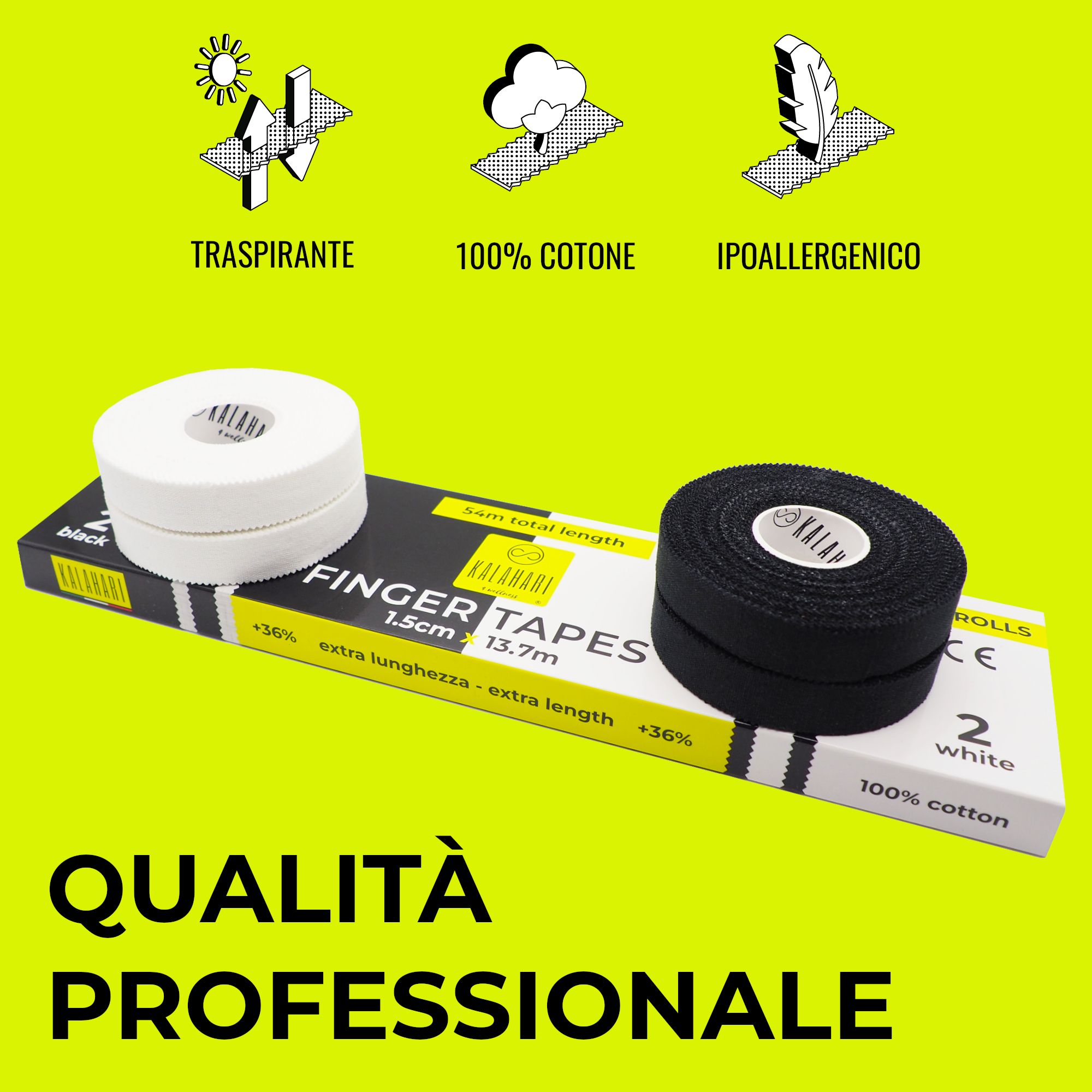 Due rotoli di nastro per dita (bianco, nero) su confezione gialla con icone: traspirante, cotone, ipoallergenico.