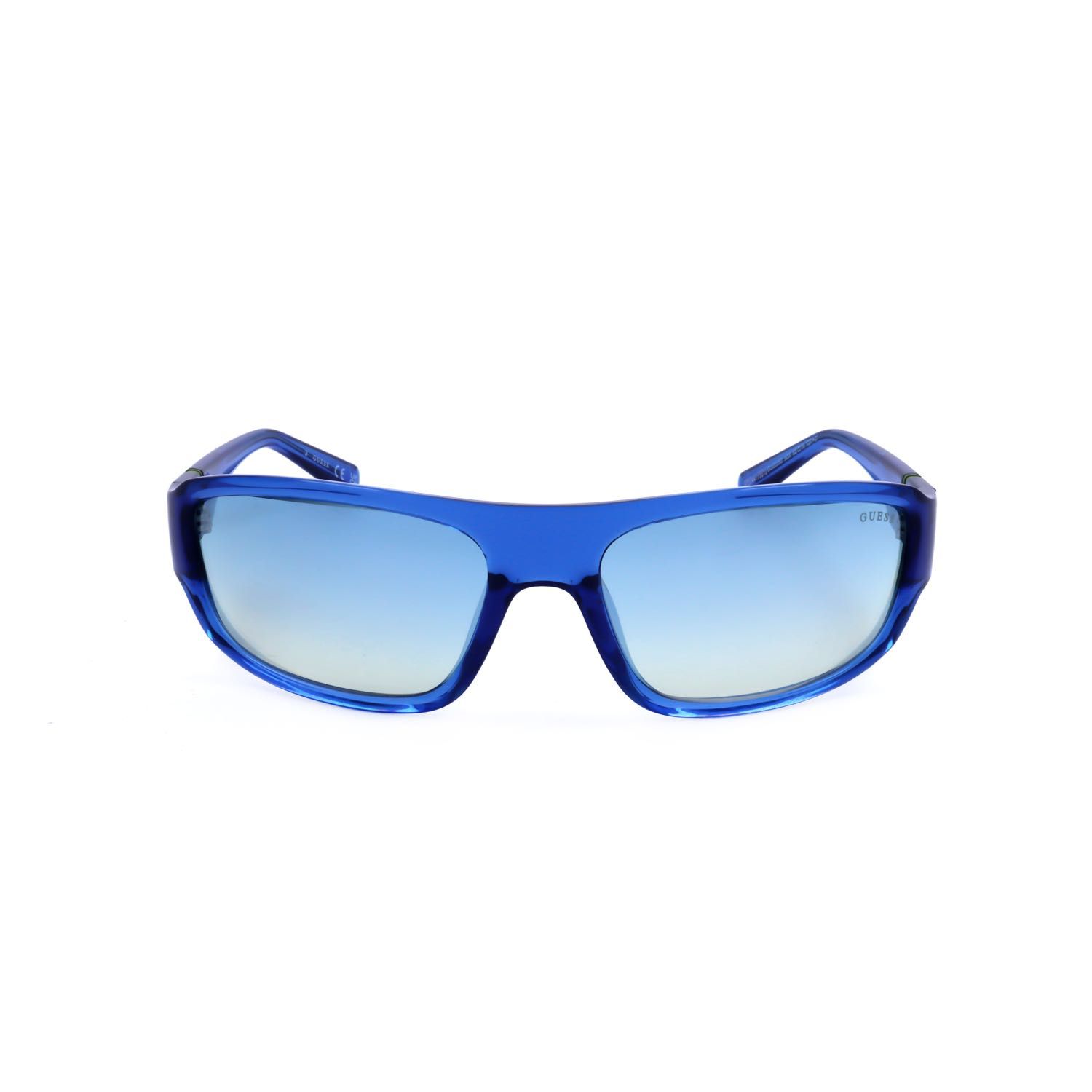 Occhiali da sole blu con lenti rettangolari e montatura larga.