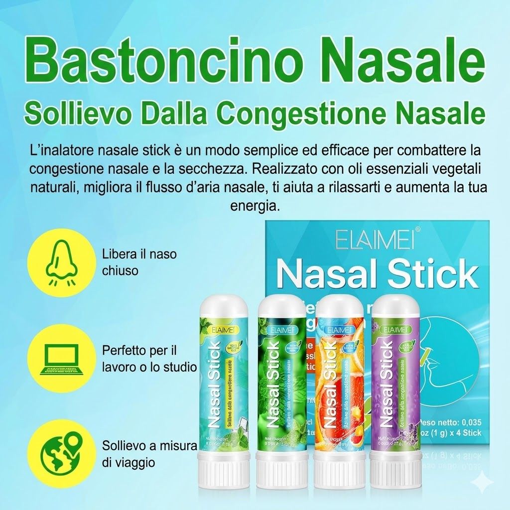 Quattro stick nasali in una scatola. Ogni stick dice 'Nasal Stick'. La scatola mostra il nome del prodotto.