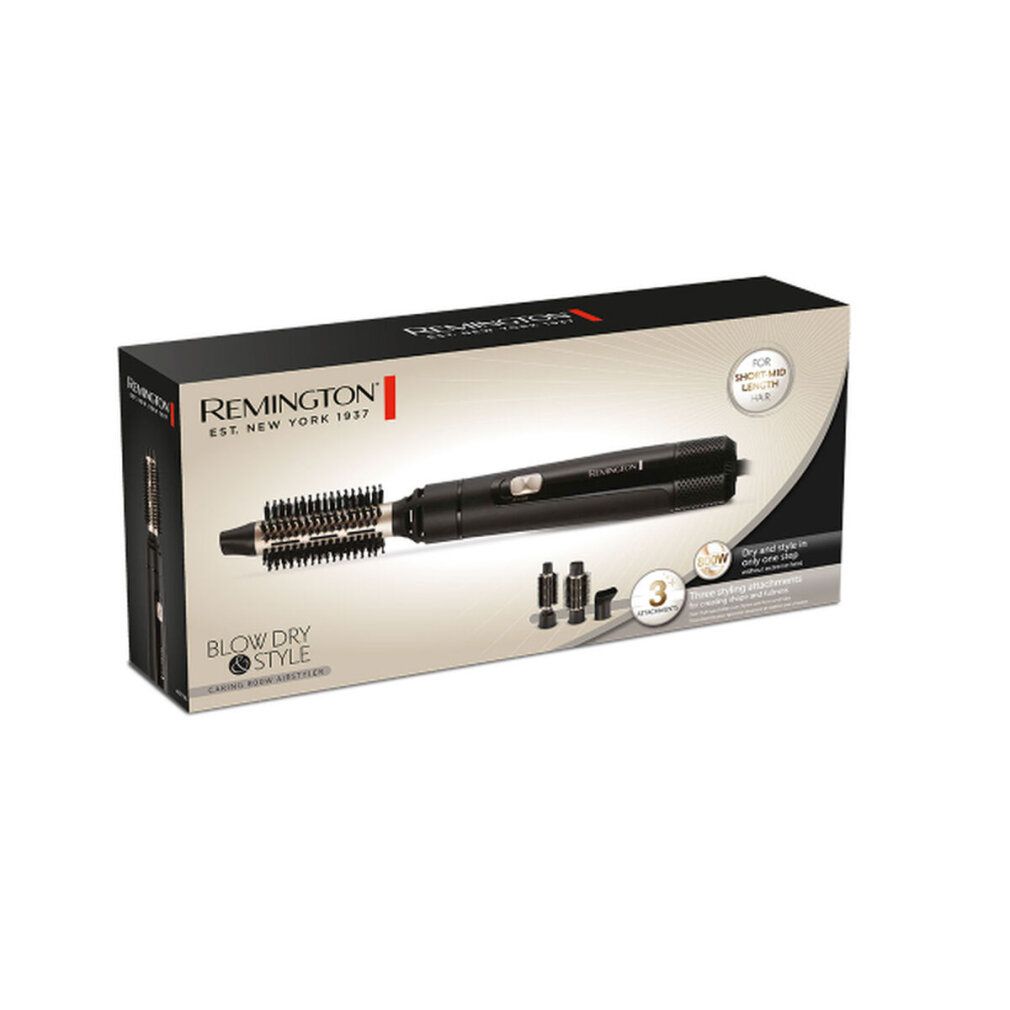 Confezione della spazzola ad aria calda. Scatola nera con immagine del prodotto e marchio: REMINGTON. Testo: BLOW DRY & STYLE.
