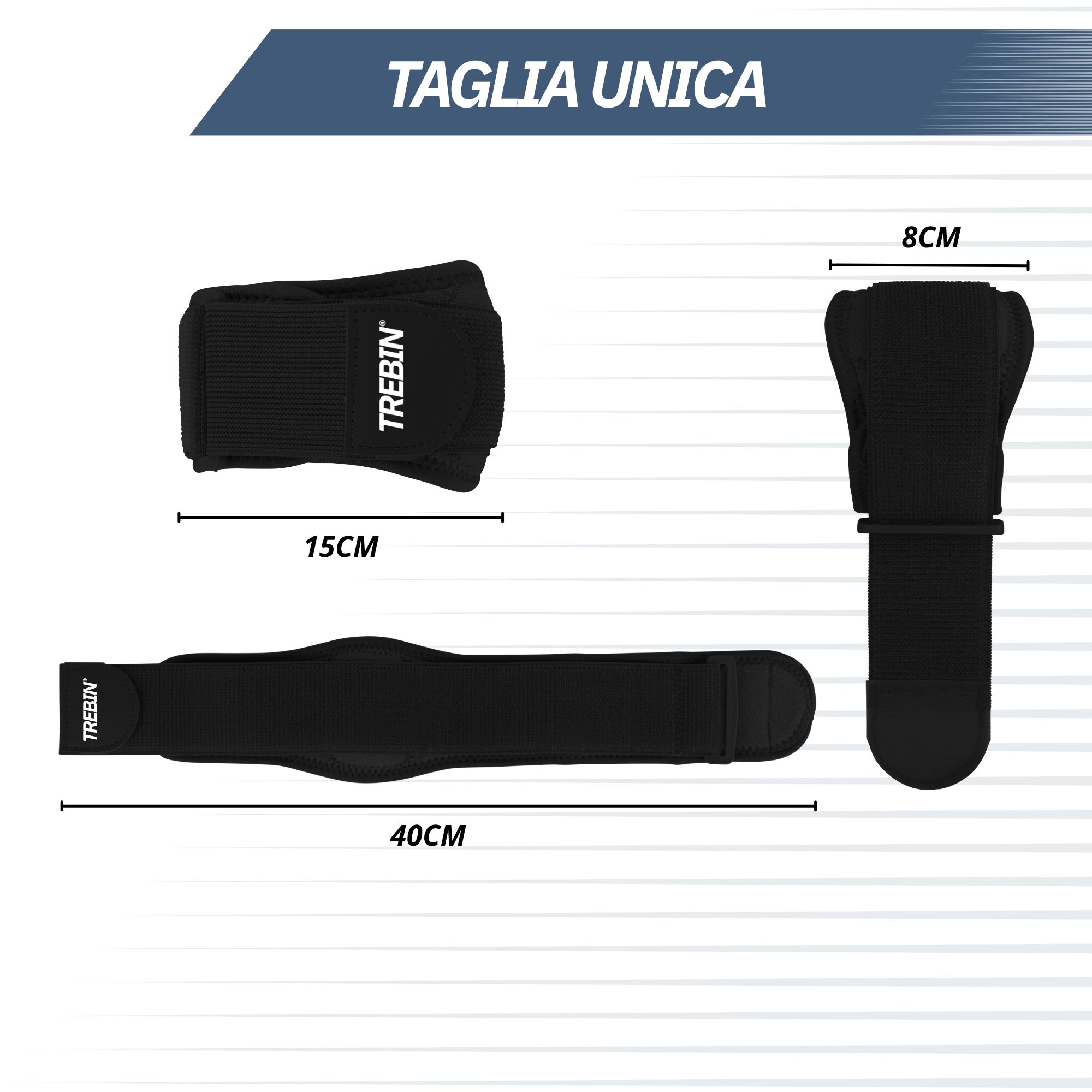 Protezione nera per gomito con velcro e imbottitura in gel. Marca TREBIN.