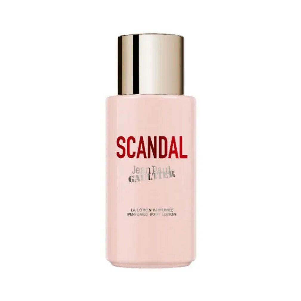 Flacone rosa con tappo dorato. Scritta SCANDAL, Jean Paul Gaultier. La Lotion Parfumée, Perfumed Body Lotion.