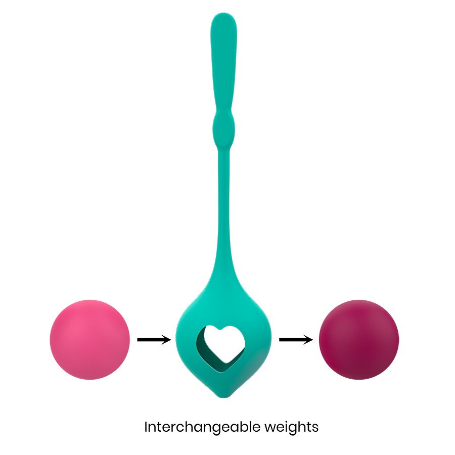 Sfera del piacere turchese con foro a cuore e pesi rosa intercambiabili.