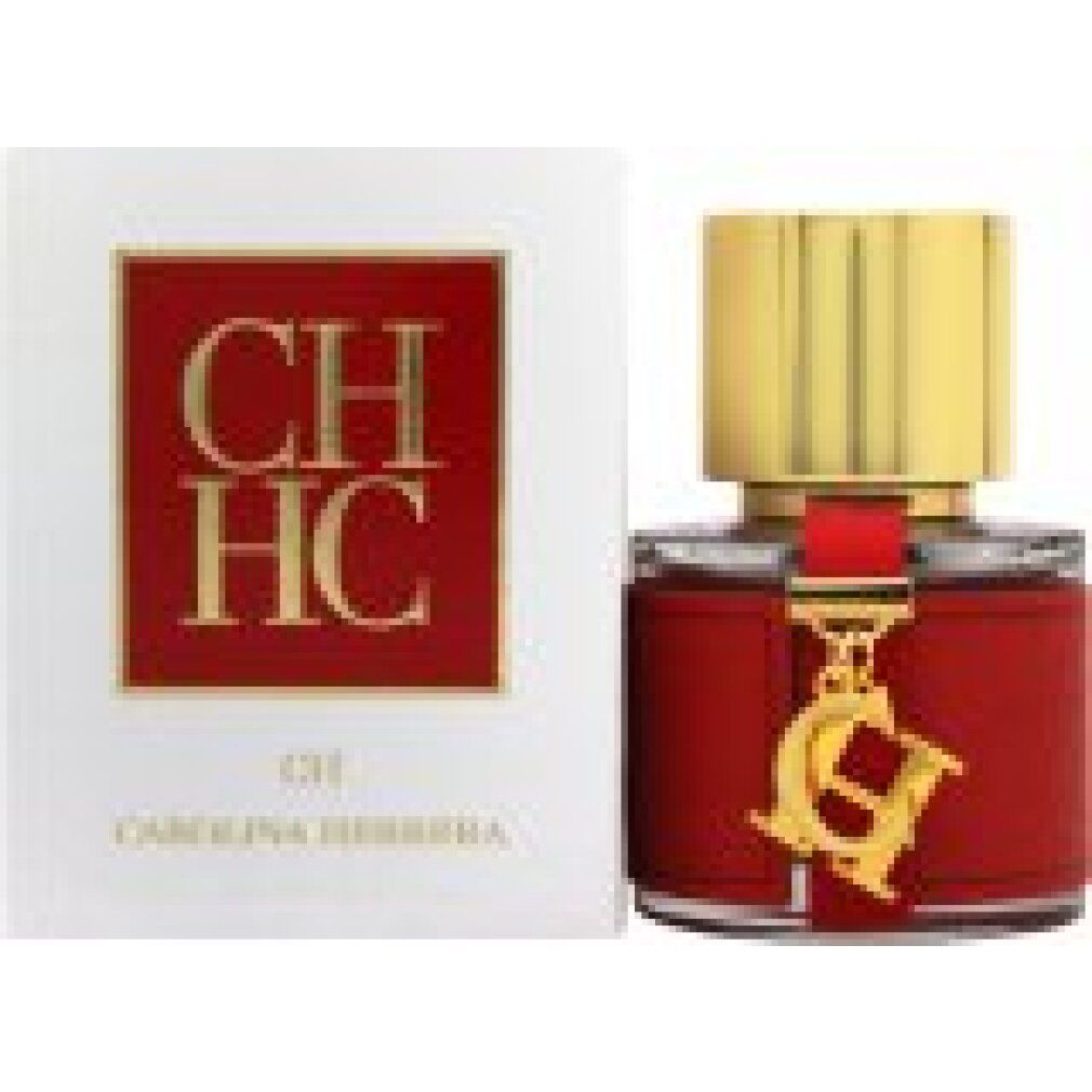 Flacone in vetro con fascia rossa e tappo dorato, accanto a confezione bianca con logo "CH HC".