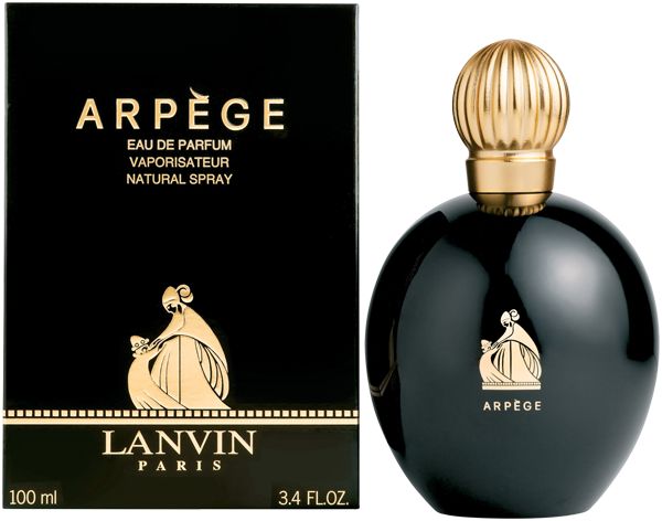 Flacone nero con tappo dorato e confezione. Scritta: Arpège, Eau de Parfum, Natural Spray. Marchio: Lanvin Paris, 100 ml.