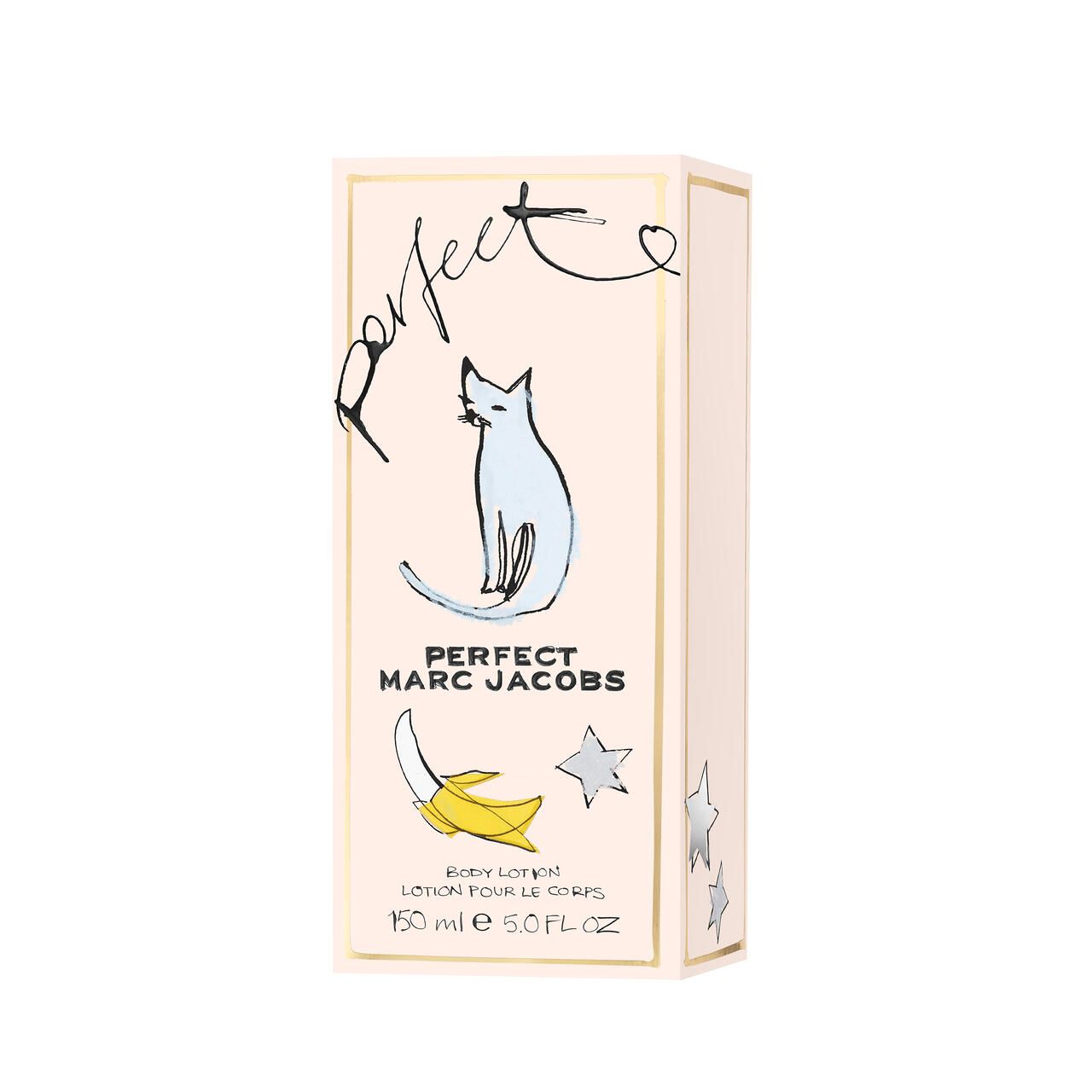 Scatola beige con scritta "Perfect MARC JACOBS". Gatto, banana e stelle. Testo: "Body Lotion".