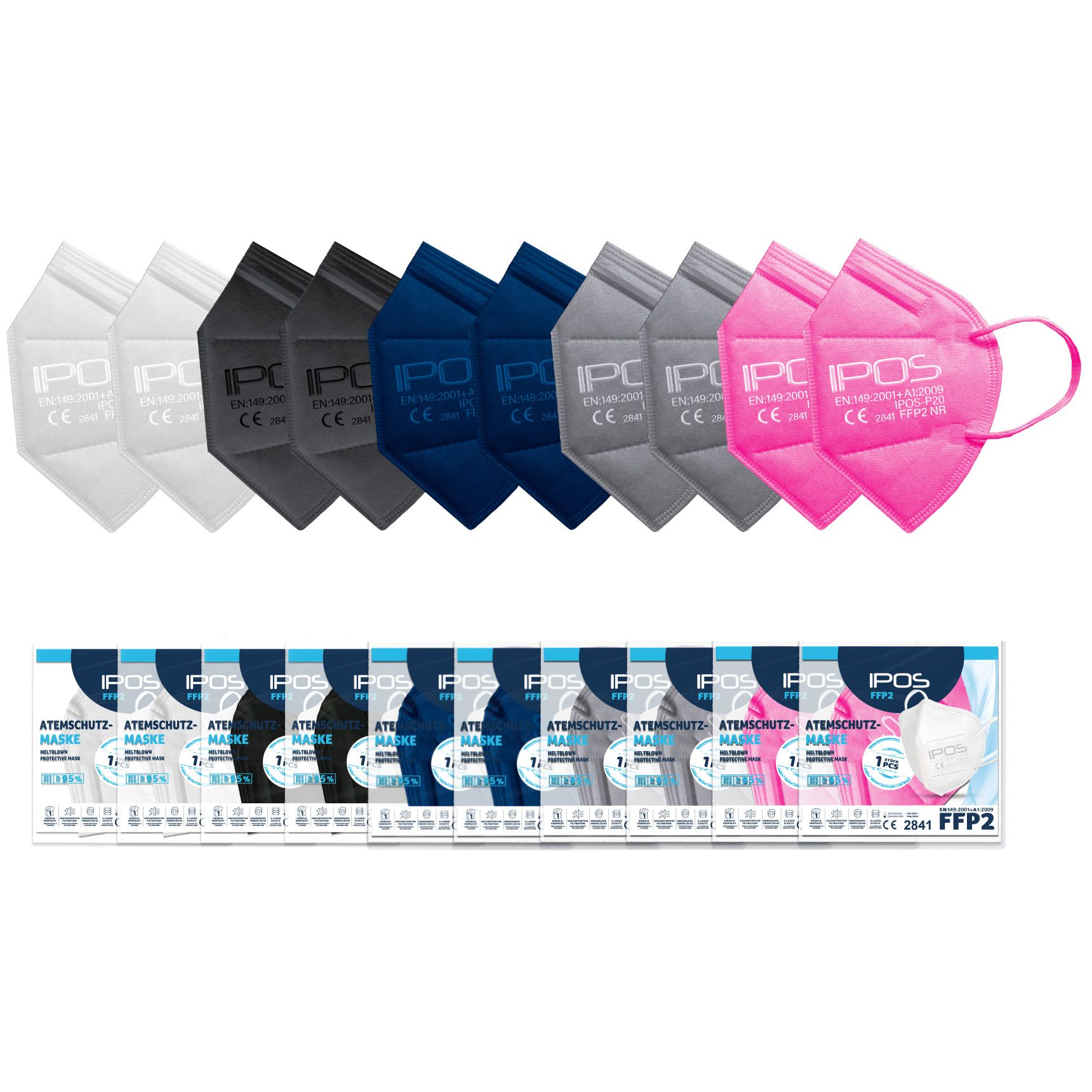 Fila di mascherine IPOS FFP2 di vari colori. Confezionate singolarmente. Con marchio CE.