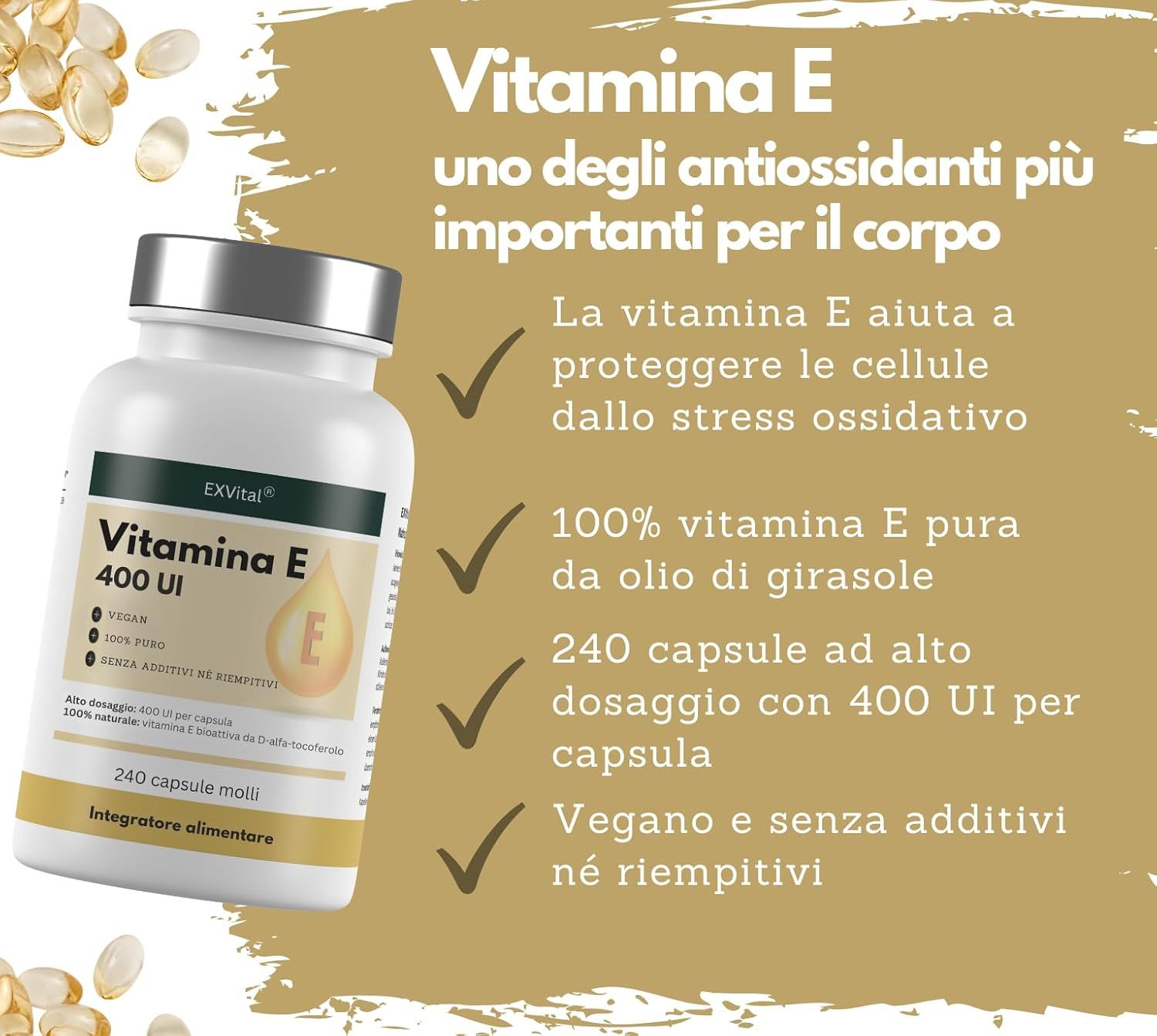 Flacone EXVital Vitamina E 400 UI 240 capsule molli. La vitamina E protegge le cellule dallo stress ossidativo.
