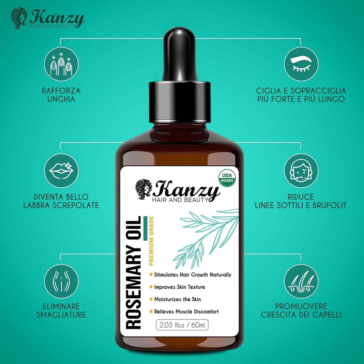 Flacone di vetro marrone con pipetta. Etichetta con informazioni sul prodotto. Testo: Kanzy, Olio di rosmarino, 60ml. Illustrazioni: unghie, occhi, labbra, smagliature, capelli.