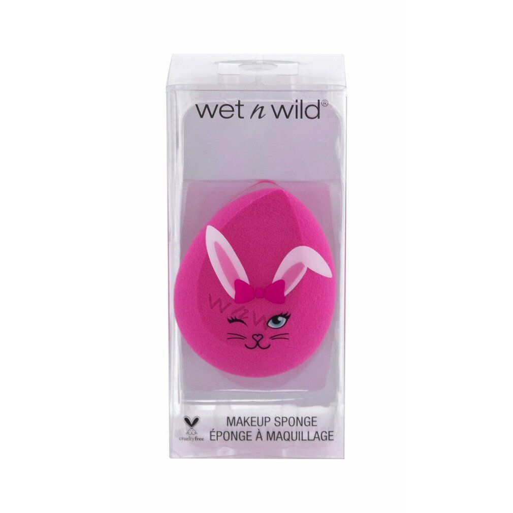Spugna trucco rosa con design orecchie da coniglio, confezione trasparente. Marchio: Wet n Wild. Con scritta "MAKEUP SPONGE".