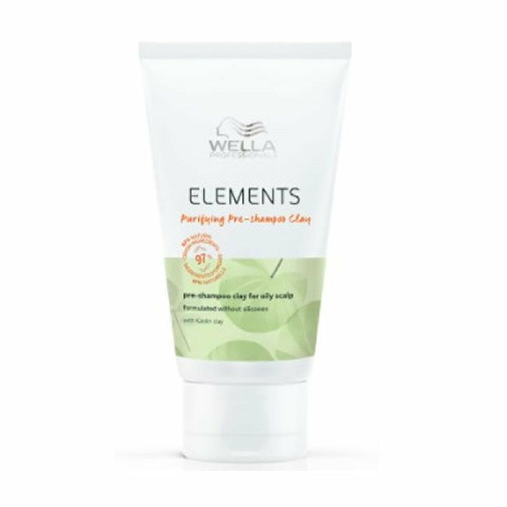 Tubo bianco Wella Elements. Scritto: Purifying Pre-shampoo Clay, 91% ingredienti naturali. Senza siliconi.