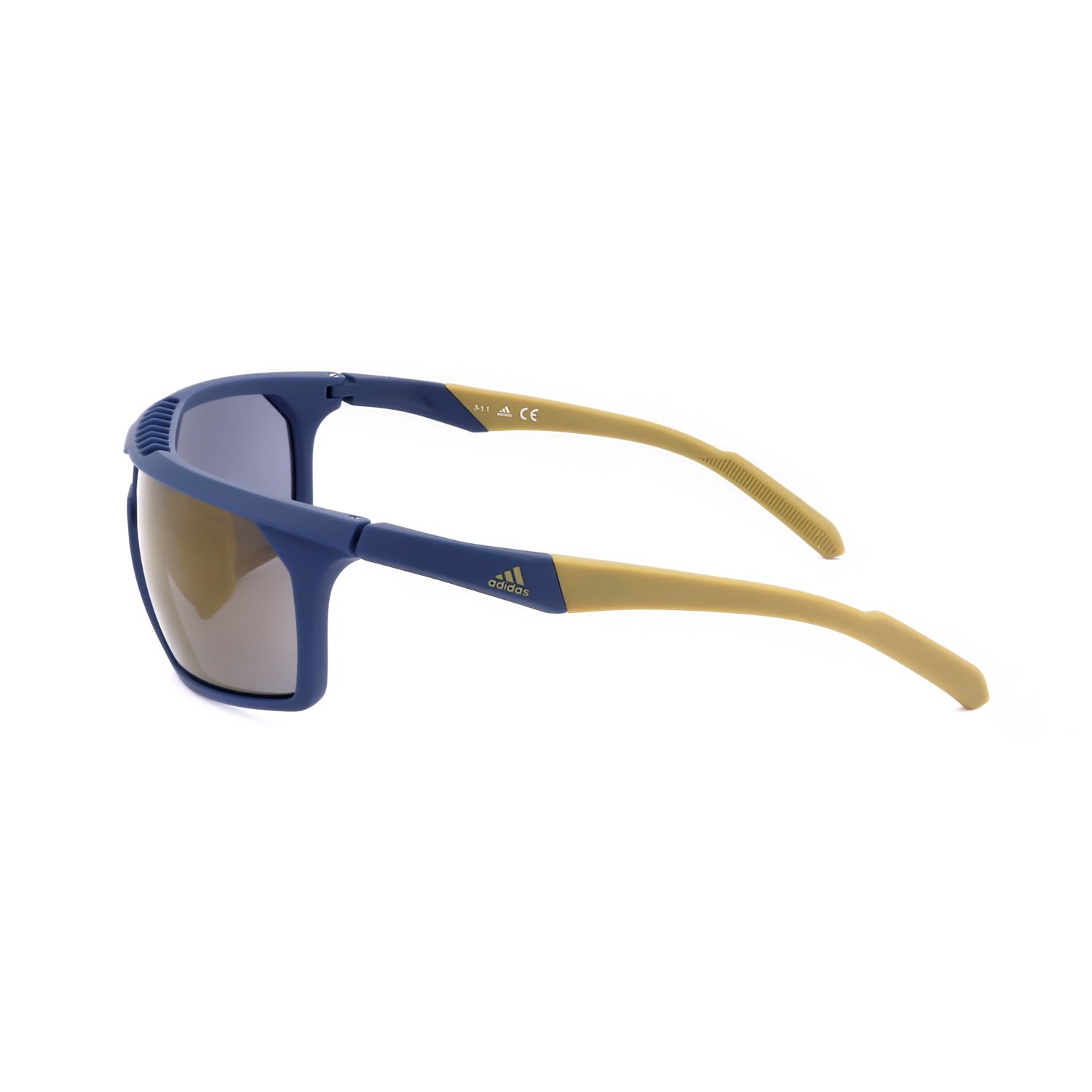 Occhiali da sole sportivi blu con aste beige e lenti a specchio. Logo Adidas sull'asta.