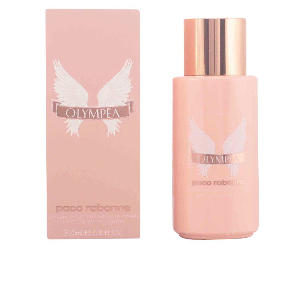Flacone e scatola di lozione per il corpo rosa. Scritta Olympea, Paco Rabanne. 200ml.
