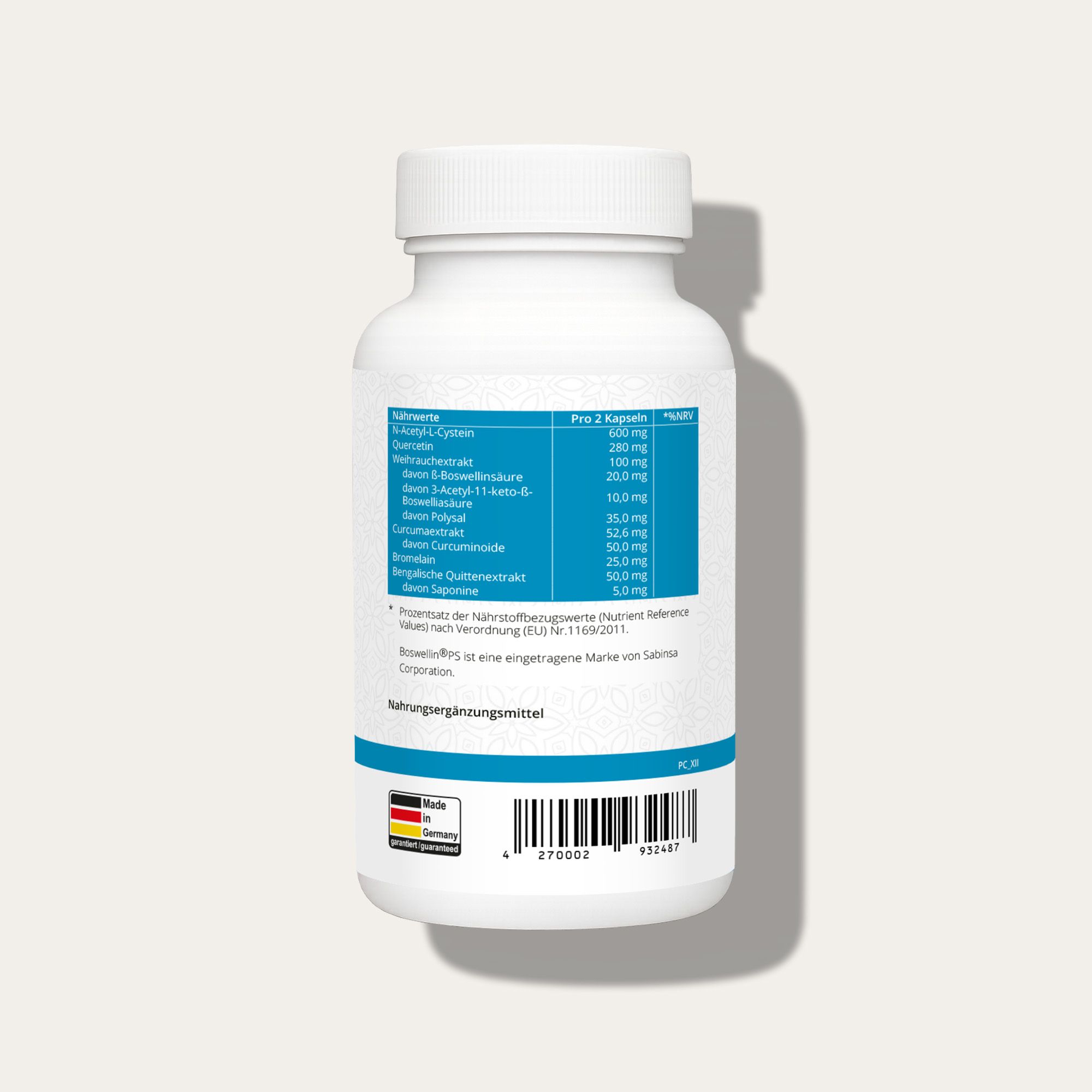 Flacone bianco con testo blu. Retro con informazioni nutrizionali. Contiene NAC, quercetina, Boswellin®PS e altri ingredienti.