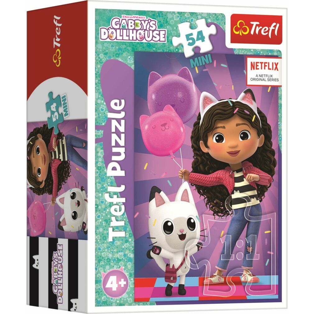 Scatola puzzle Gabby's Dollhouse. Illustrazione: Gabby, palloncini, gatto, 54 pezzi, Netflix. Marchio: Trefl. Età consigliata: 4+.