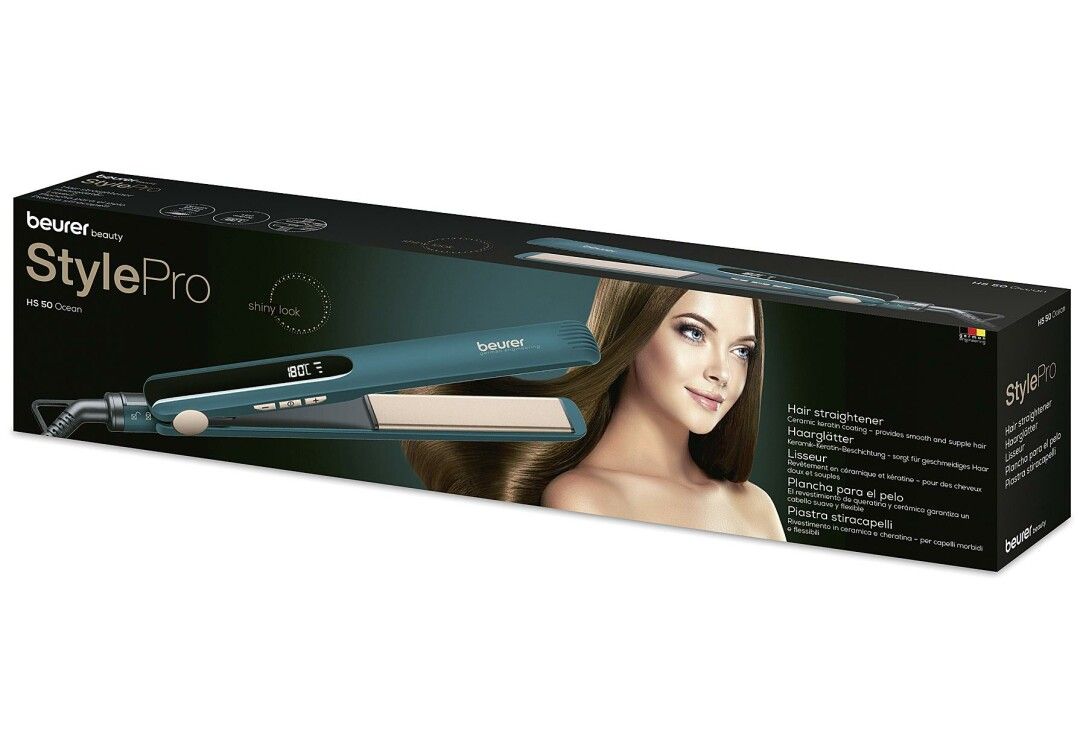 Confezione della piastra per capelli HS 50 Ocean. Marca: beurer. Nome prodotto: StylePro. Immagine di una donna.