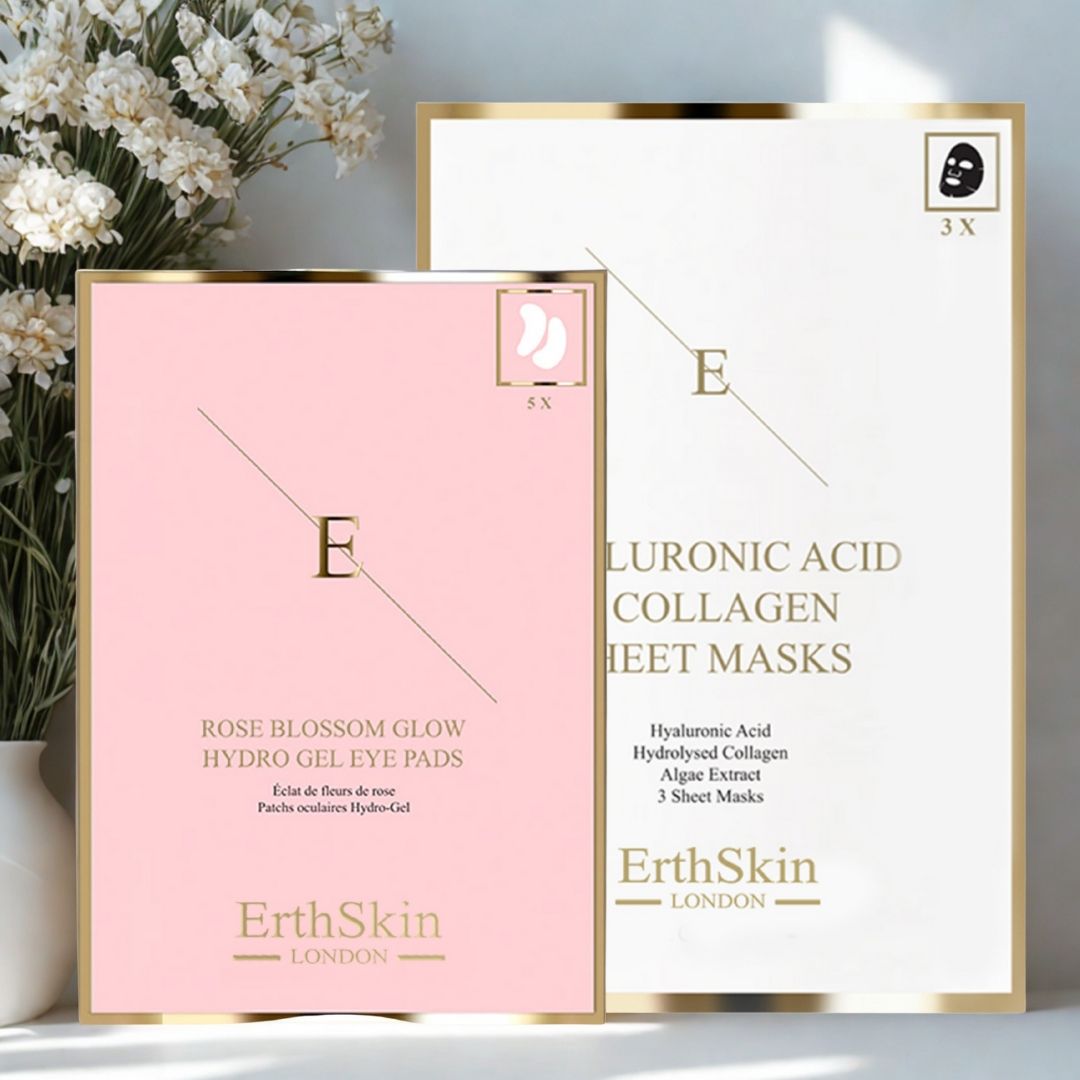 Due confezioni di prodotti. Una rosa con patch occhi, una bianca con maschere viso. Entrambe con cornice dorata e logo 'E' di ErthSkin London.