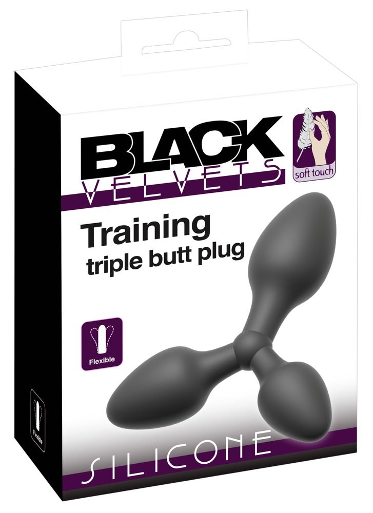 Plug anale nero a tre punte in confezione. Scritta: Black Velvets, Training, Silicone. Flessibile.