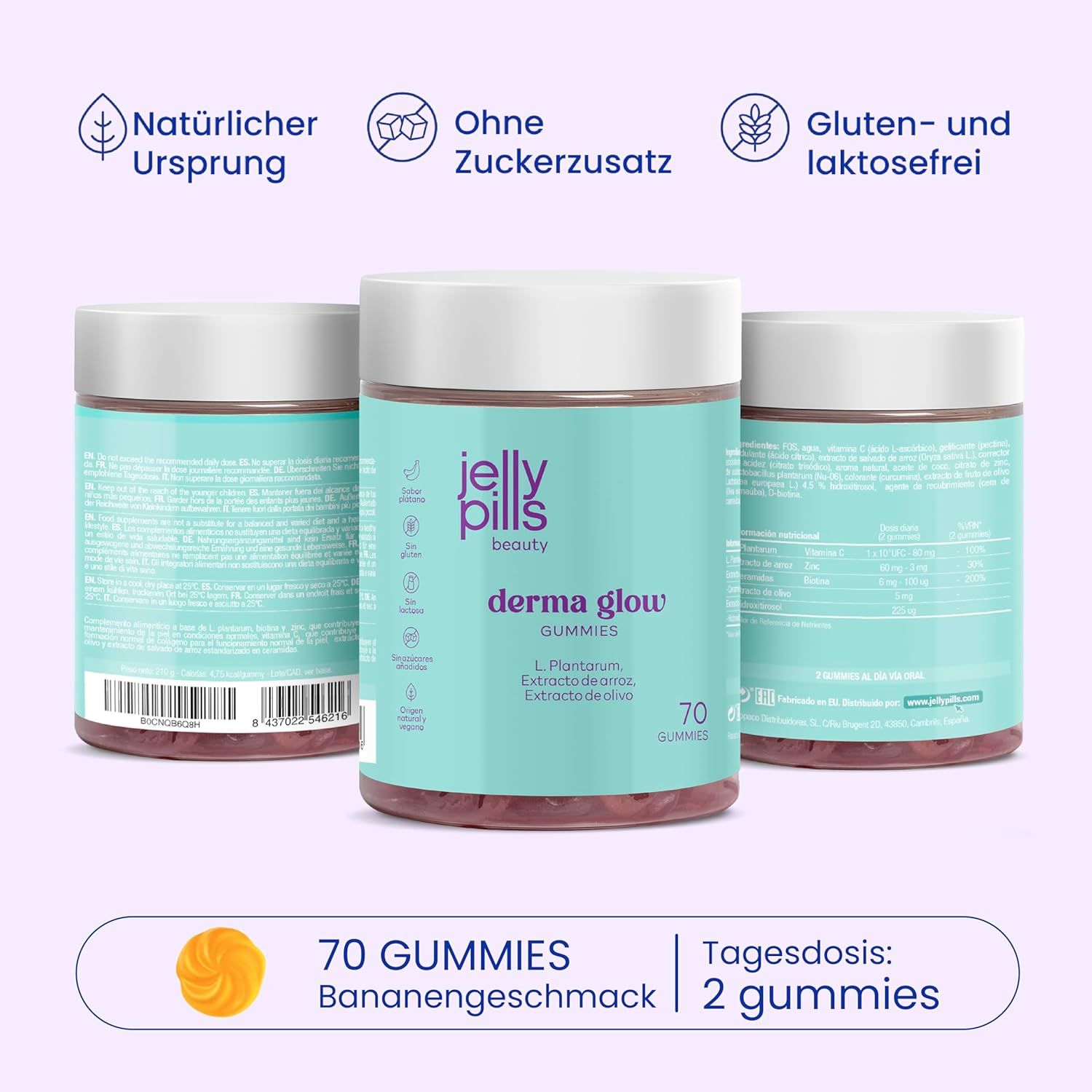Tre barattoli di Jelly Pills Derma Glow Gummies. 70 caramelle gommose. Scritta: L. Plantarum, estratto di riso, estratto di oliva. Senza zucchero, senza glutine e senza lattosio.