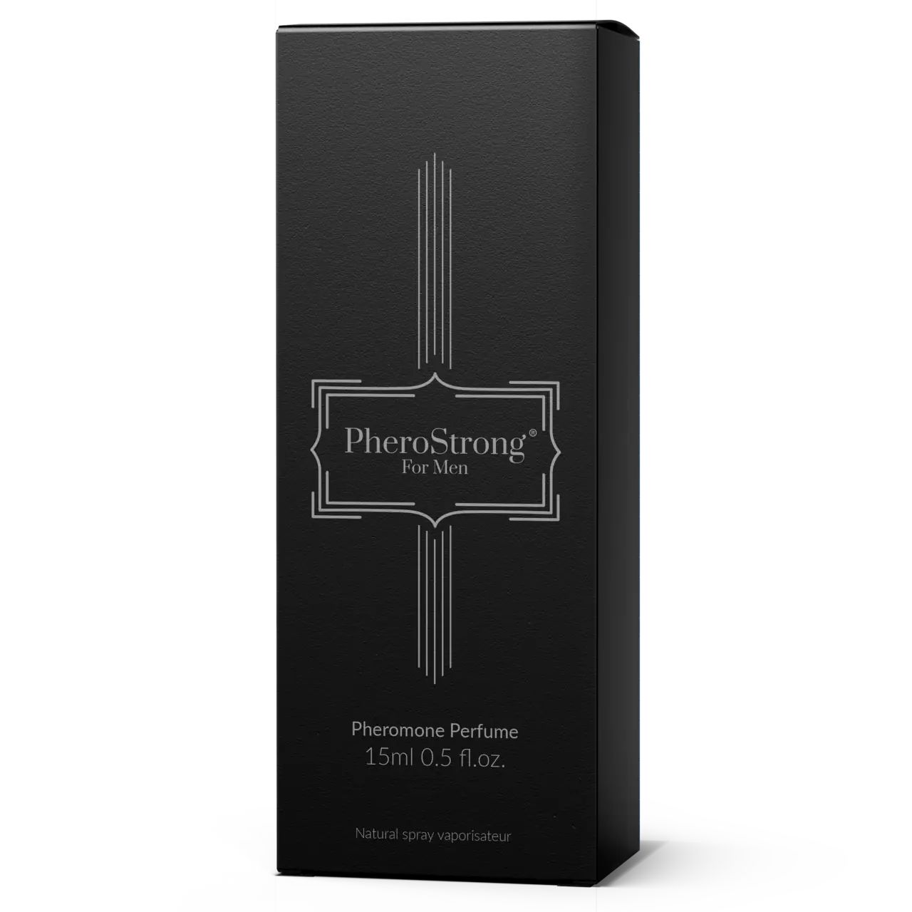 Scatola nera con scritta PheroStrong For Men. Profumo ai feromoni, 15ml, 0,5 fl.oz. Vaporizzatore spray naturale.