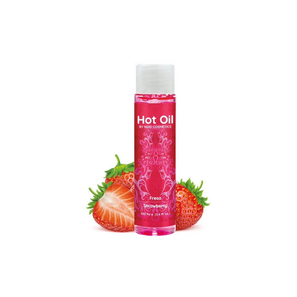 Flacone rosso con tappo bianco. Scritta: Hot Oil, BY NUEI COSMETICS, Fresa Strawberry. 100 ml. Fragole.