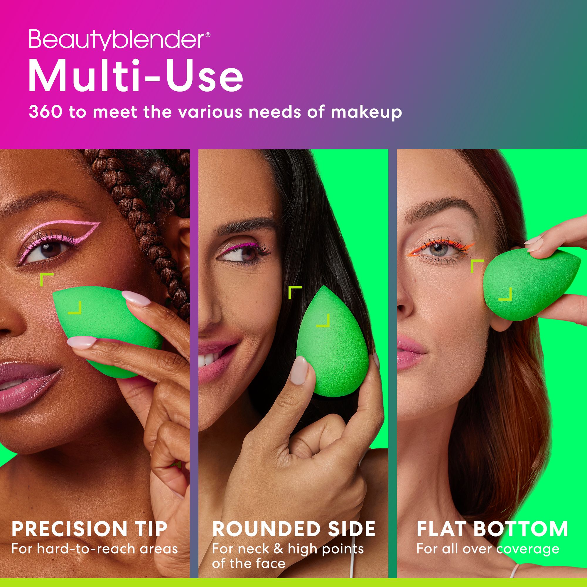 Tre persone tengono spugne verdi a forma di goccia. Testo: Beautyblender Multi-Use. Punta precisa, lato arrotondato, fondo piatto.