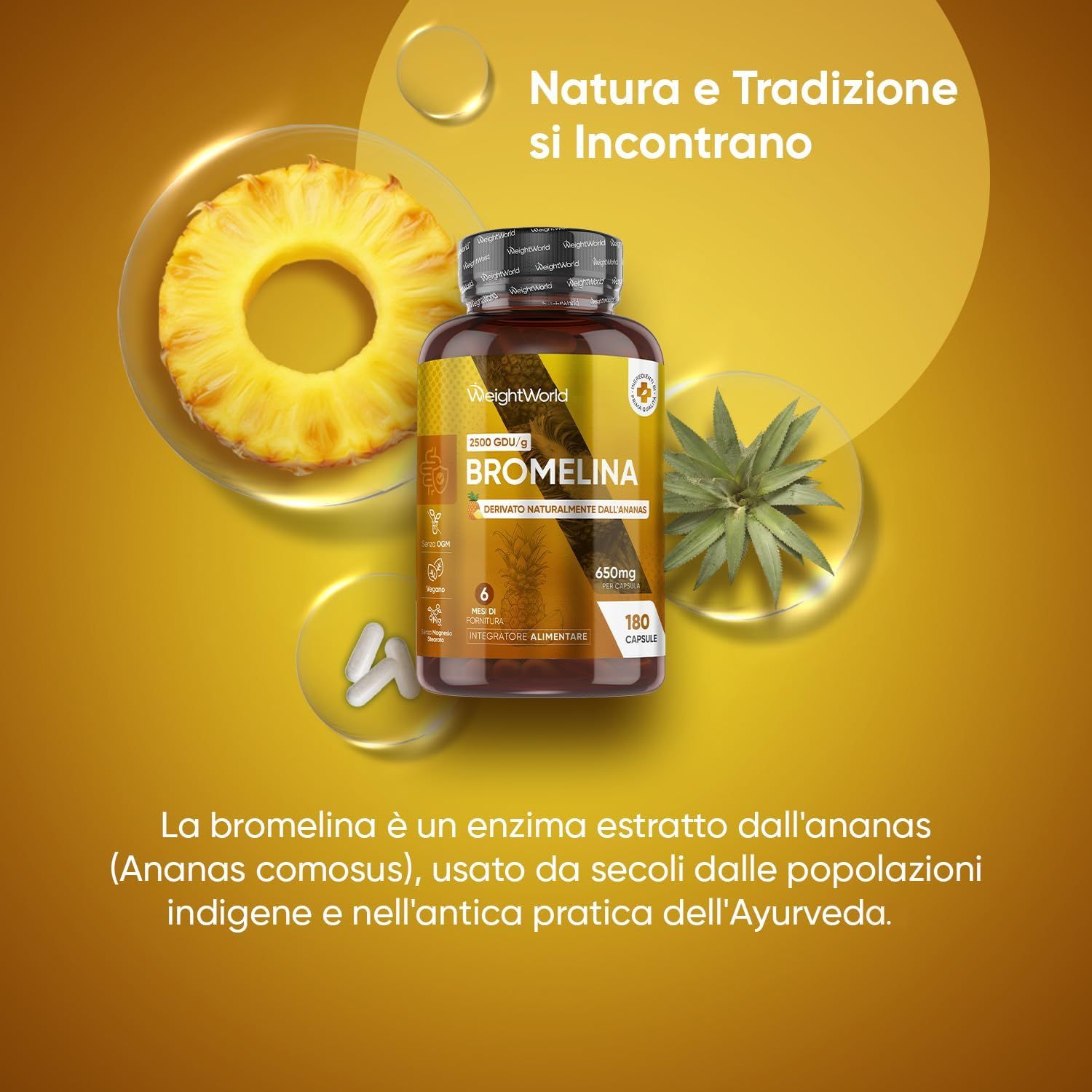 Flacone marrone con capsule, illustrazioni di ananas. Testo: Bromelina, enzima estratto dall'ananas. Sfondo giallo.