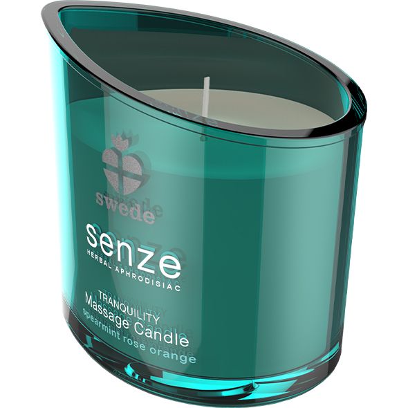 Candela da massaggio verde con stoppino. Scritta: swede, senze, Tranquility Massage Candle, Spearmint Rose Orange.