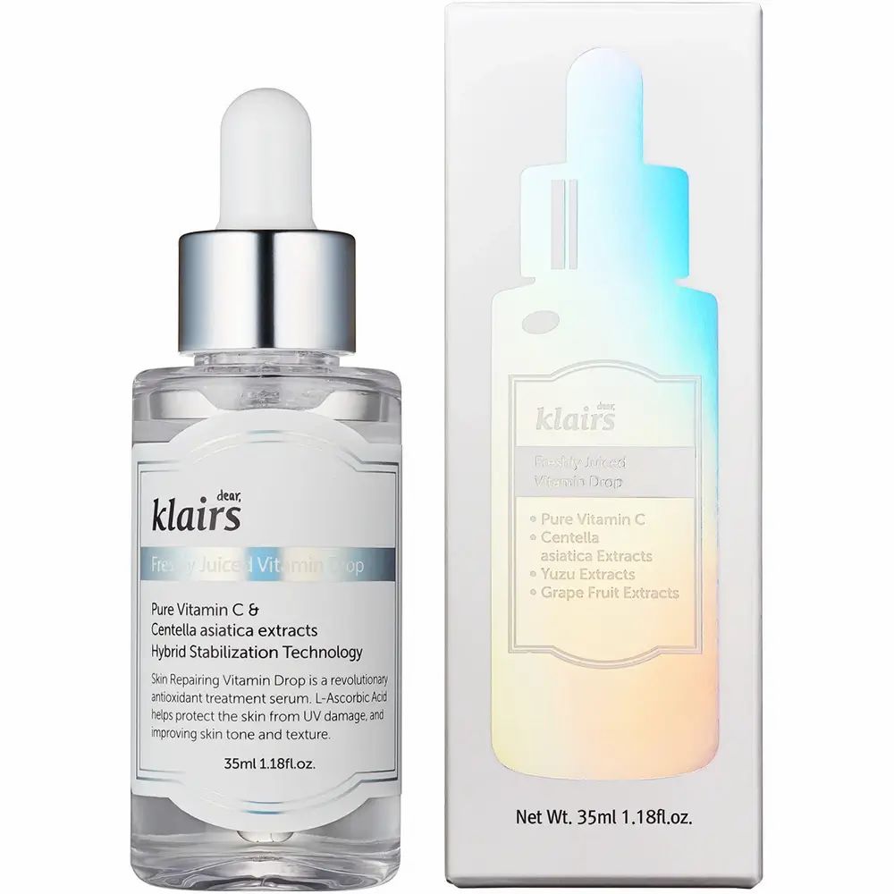 Flacone di siero Klairs con confezione. Vetro trasparente, tappo argentato, etichetta bianca. Testo: Freshly Juiced Vitamin Drop.