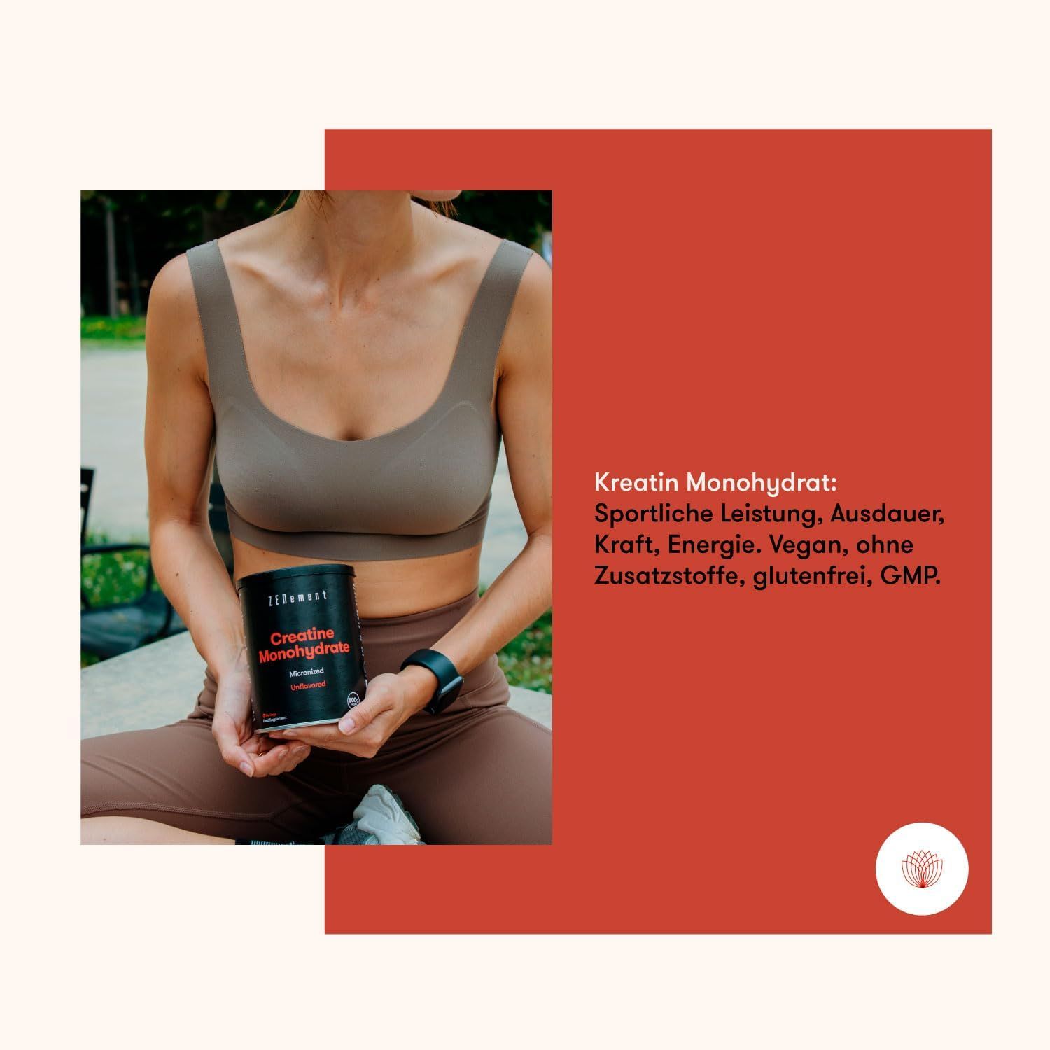 Donna tiene barattolo Zenement Creatina Monoidrato. Testo: Creatina Monoidrato: Prestazioni sportive, resistenza, forza, energia. Vegano, senza additivi, senza glutine, GMP.