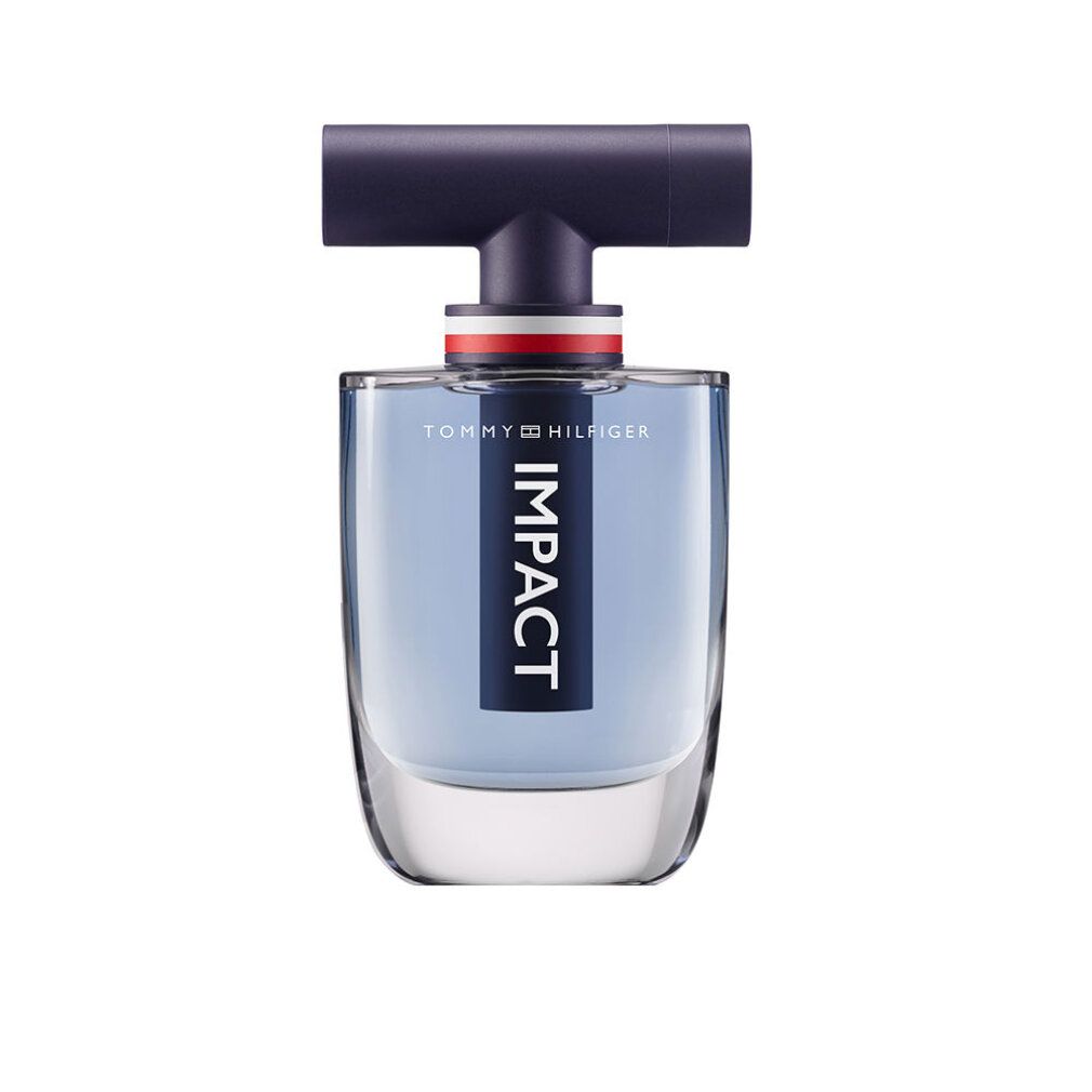 Flacone di profumo blu con tappo nero. Anello bianco, rosso e blu. Scritta IMPACT e Tommy Hilfiger.