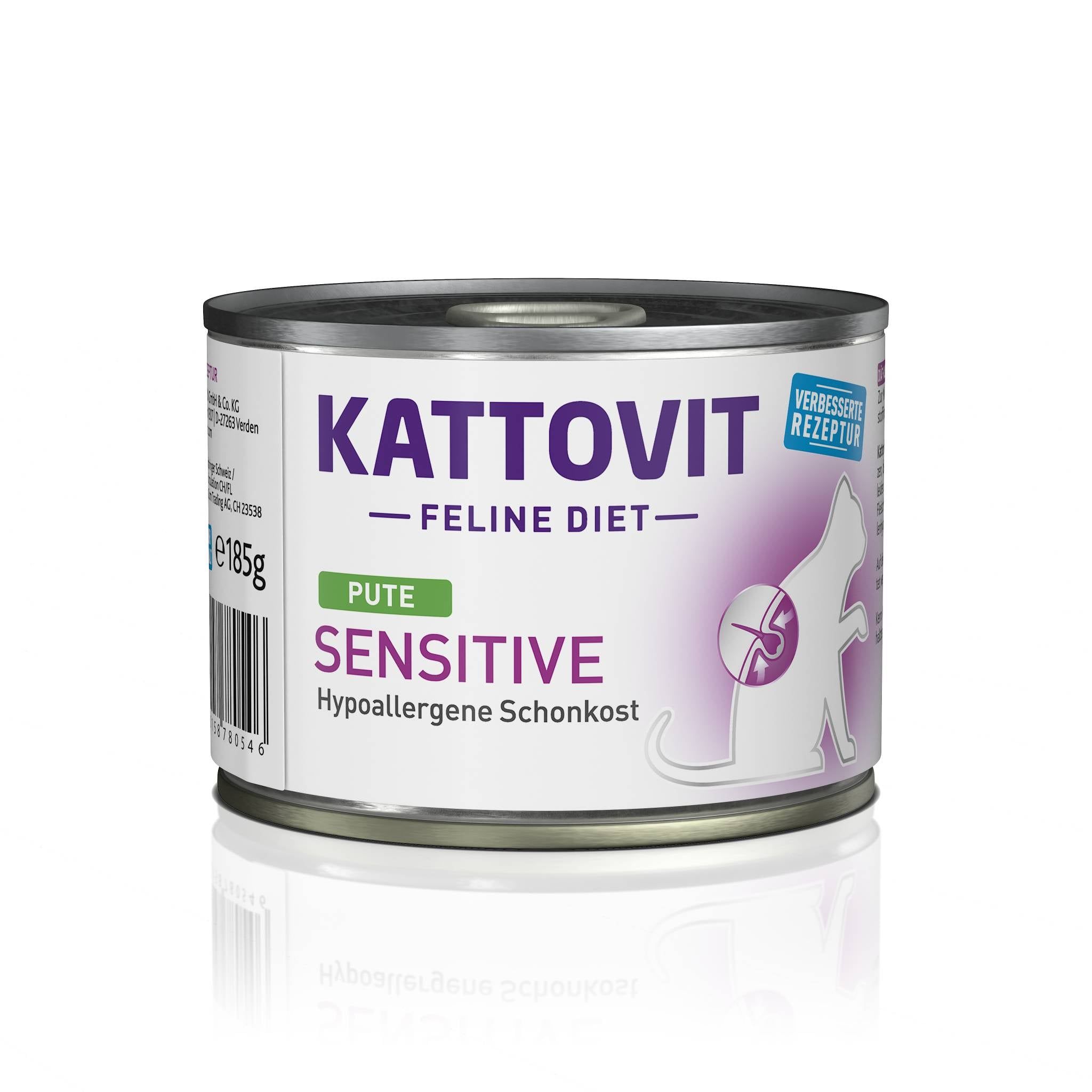 Lattina Kattovit Sensitive Pute. Etichetta bianca con testo e logo. 185g. Scritta: Pute Sensitive, alimento dietetico ipoallergenico.