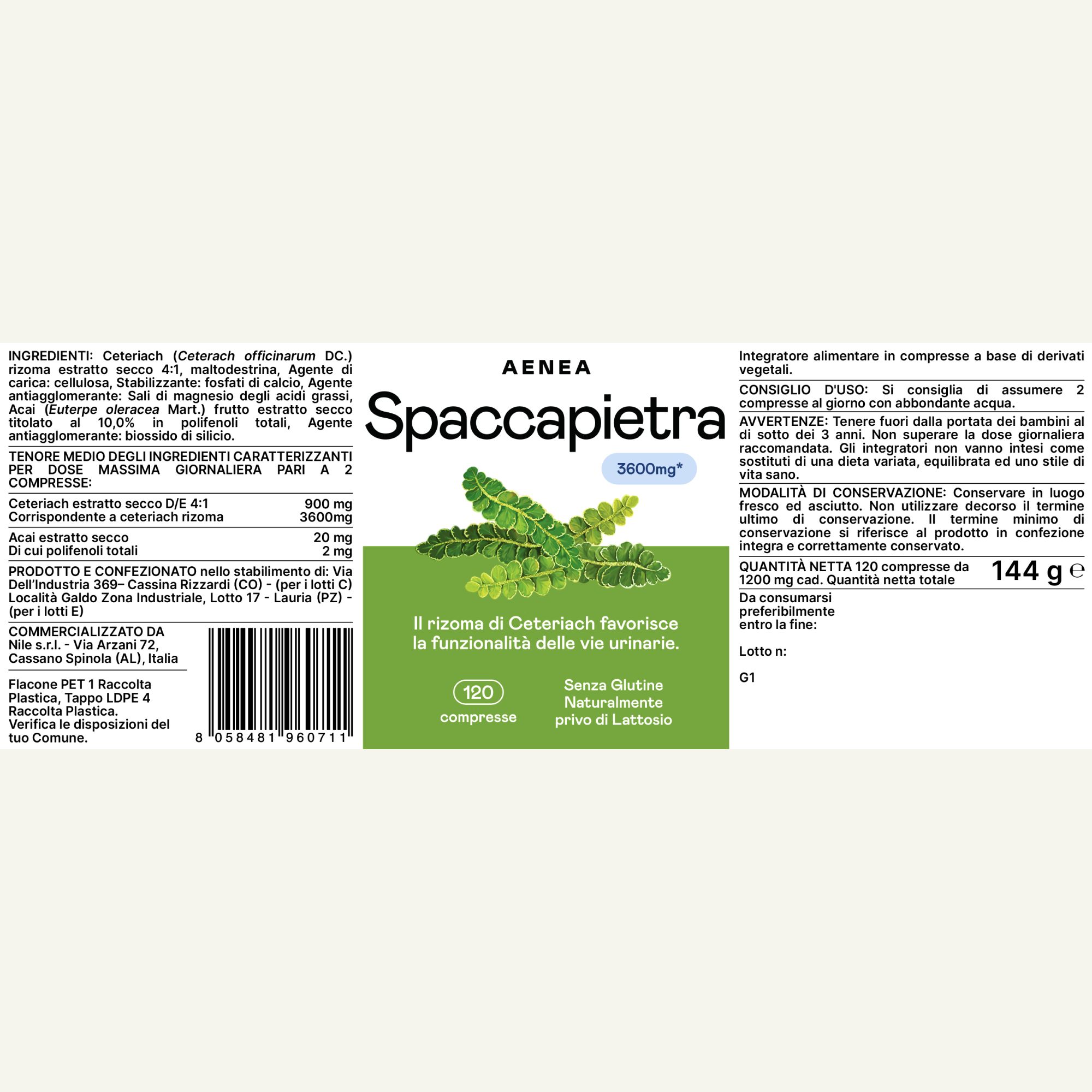 Flacone di compresse Aenea Spaccapietra. 120 compresse. Ingredienti e istruzioni per l'uso.