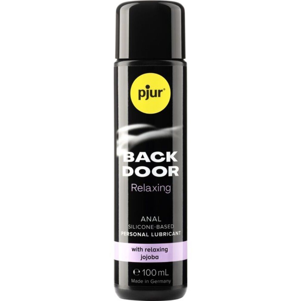 Flacone nero con logo giallo. Scritta: BACK DOOR Relaxing, ANAL, SILICONE-BASED, PERSONAL LUBRICANT. Con jojoba.