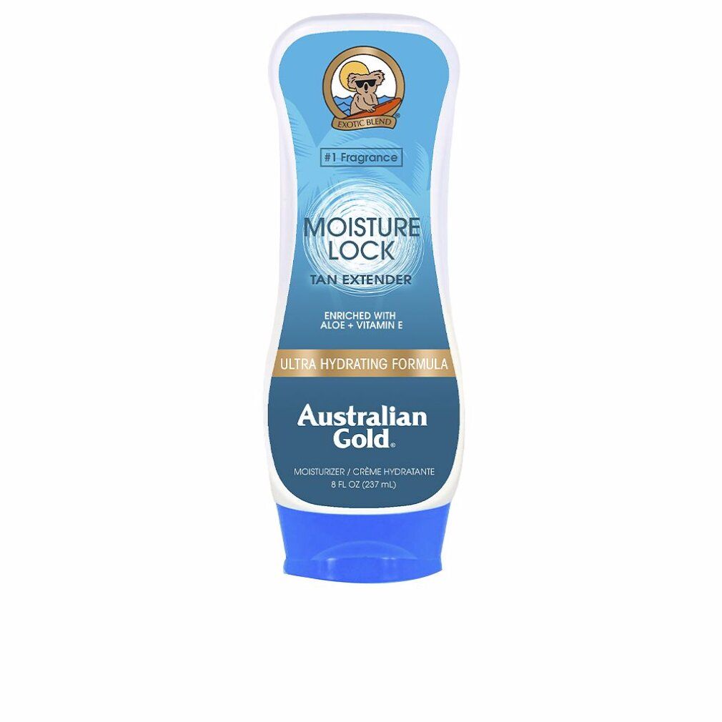 Tubo bianco e blu con nome e logo del prodotto. Testo: Moisture Lock, Tan Extender, Australian Gold. Con Aloe e Vitamina E.