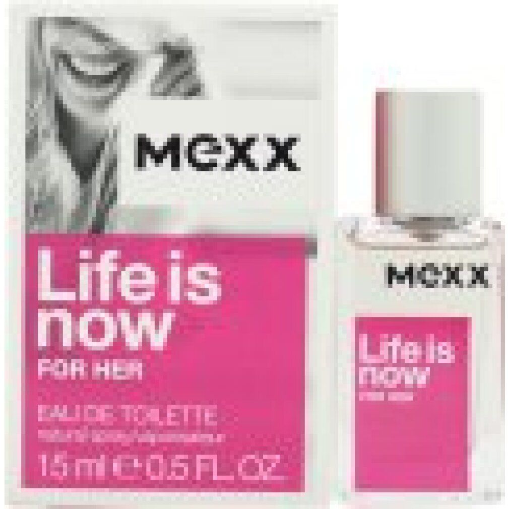 Mexx Life is Now Eau de Toilette Spray da donna, flacone 15ml e confezione.