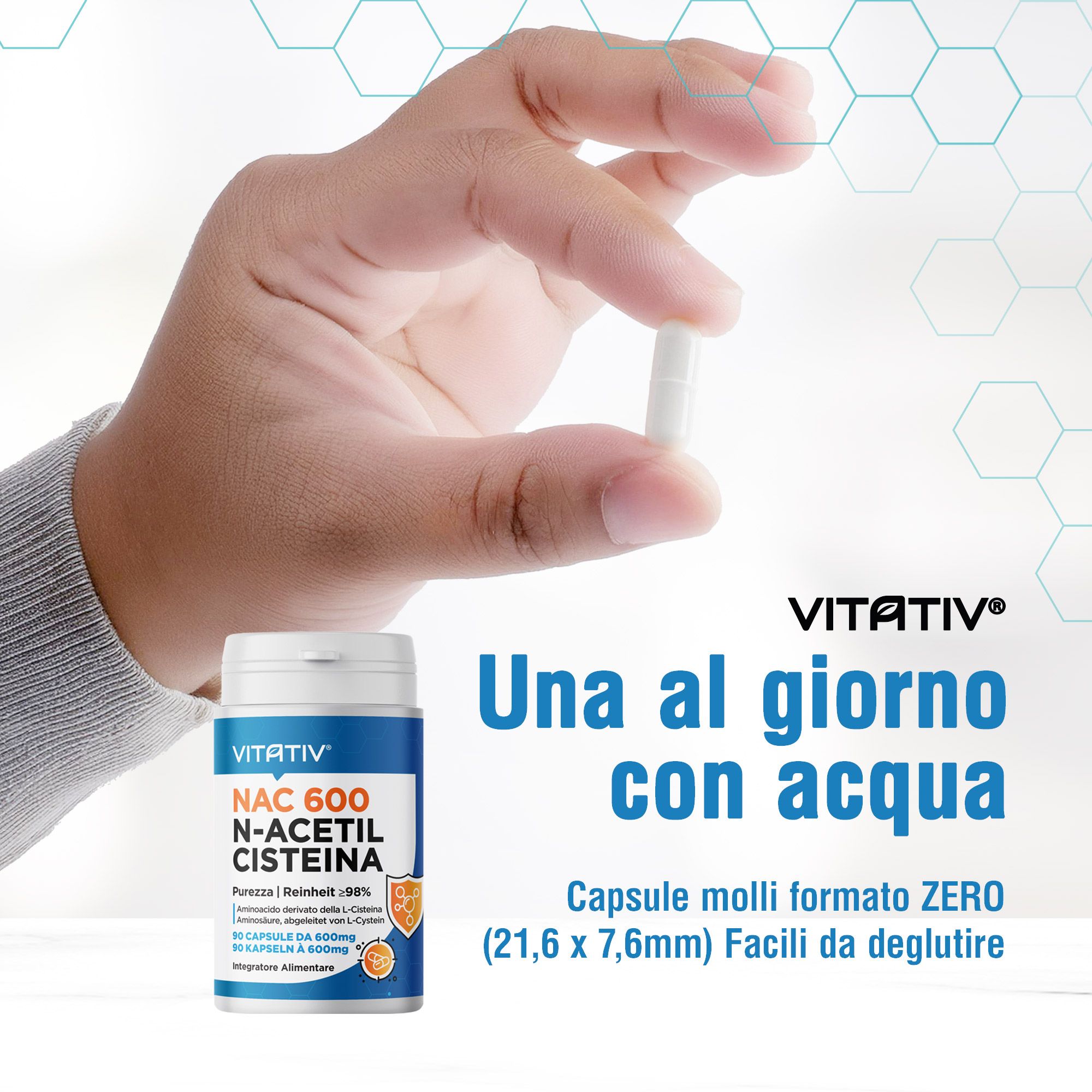 VITATIV® NAC 600 N-Acetil-L-Cisteina | 90 Capsule Vegetali | Nac Elevata Purezza