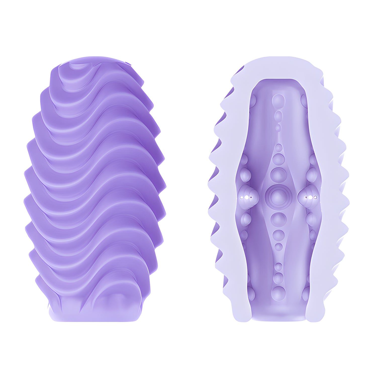 Prodotto viola a forma di uovo diviso. Un lato con onde, l'altro con struttura interna. Per uso intimo.