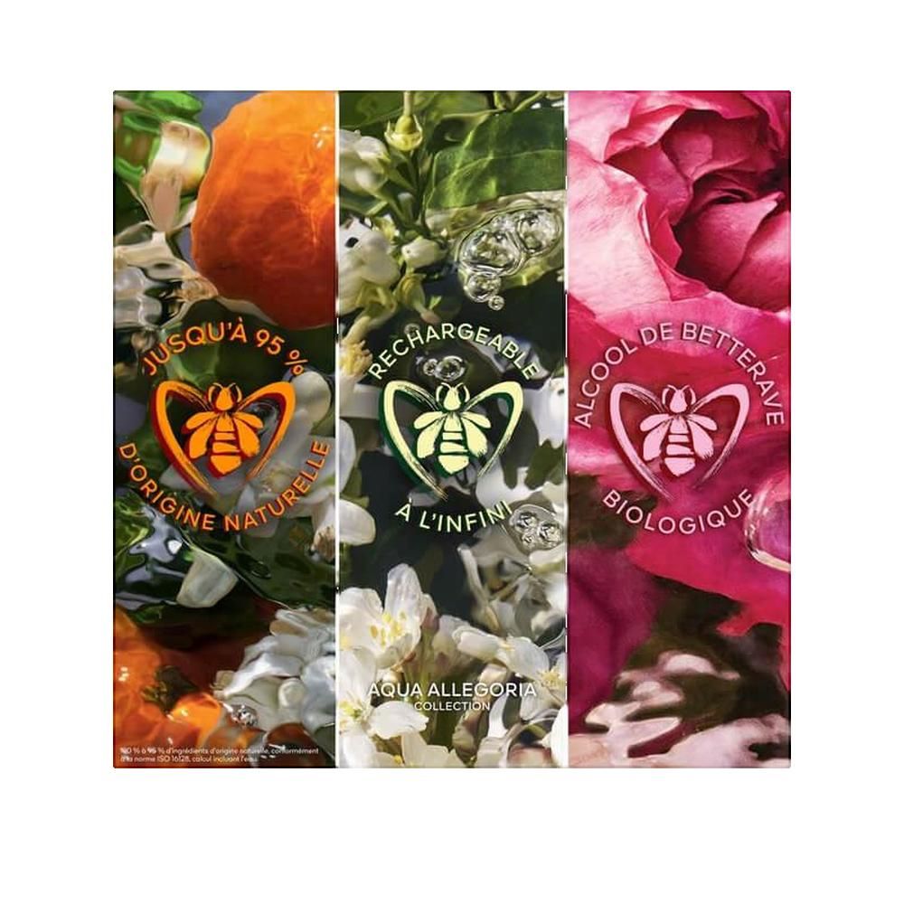 Tre sezioni verticali con testo e logo ape. Arancia, fiori bianchi, rose rosa. AQUA ALLEGORIA COLLECTION.