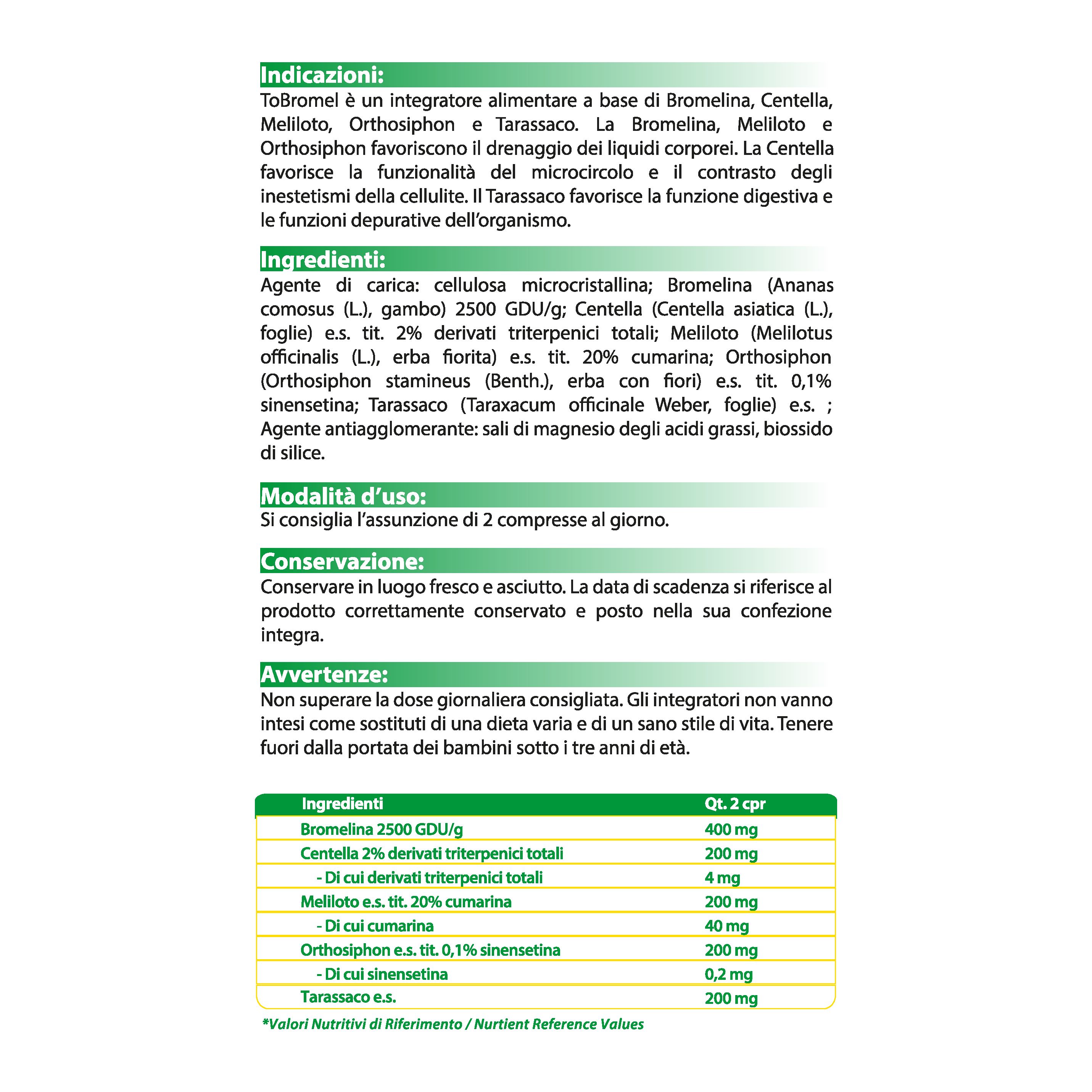 Pagina di testo con informazioni sul prodotto: ingredienti, uso, avvertenze. Contiene bromelina, Centella, meliloto, orthosiphon, tarassaco.