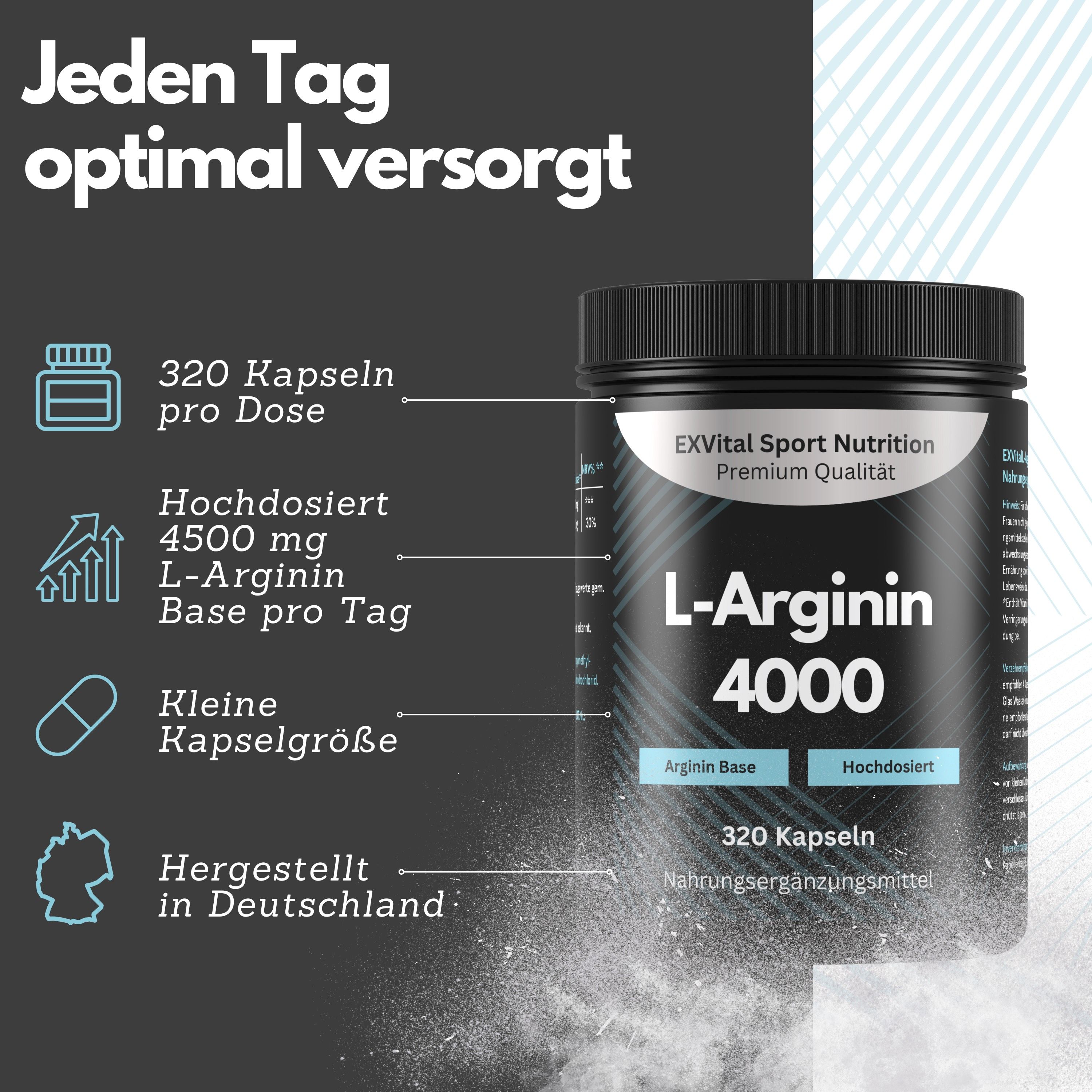 Barattolo nero con L-Arginina 4000. Testo: 320 capsule, 4500 mg L-Arginina Base al giorno. Prodotto in Germania.