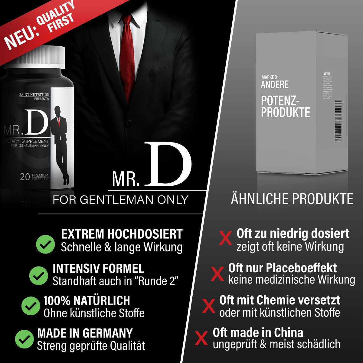 Flacone del prodotto con "MR. D" e "20 capsule". Confronto con altri prodotti. Testo: "Estremamente dosato", "100% naturale".